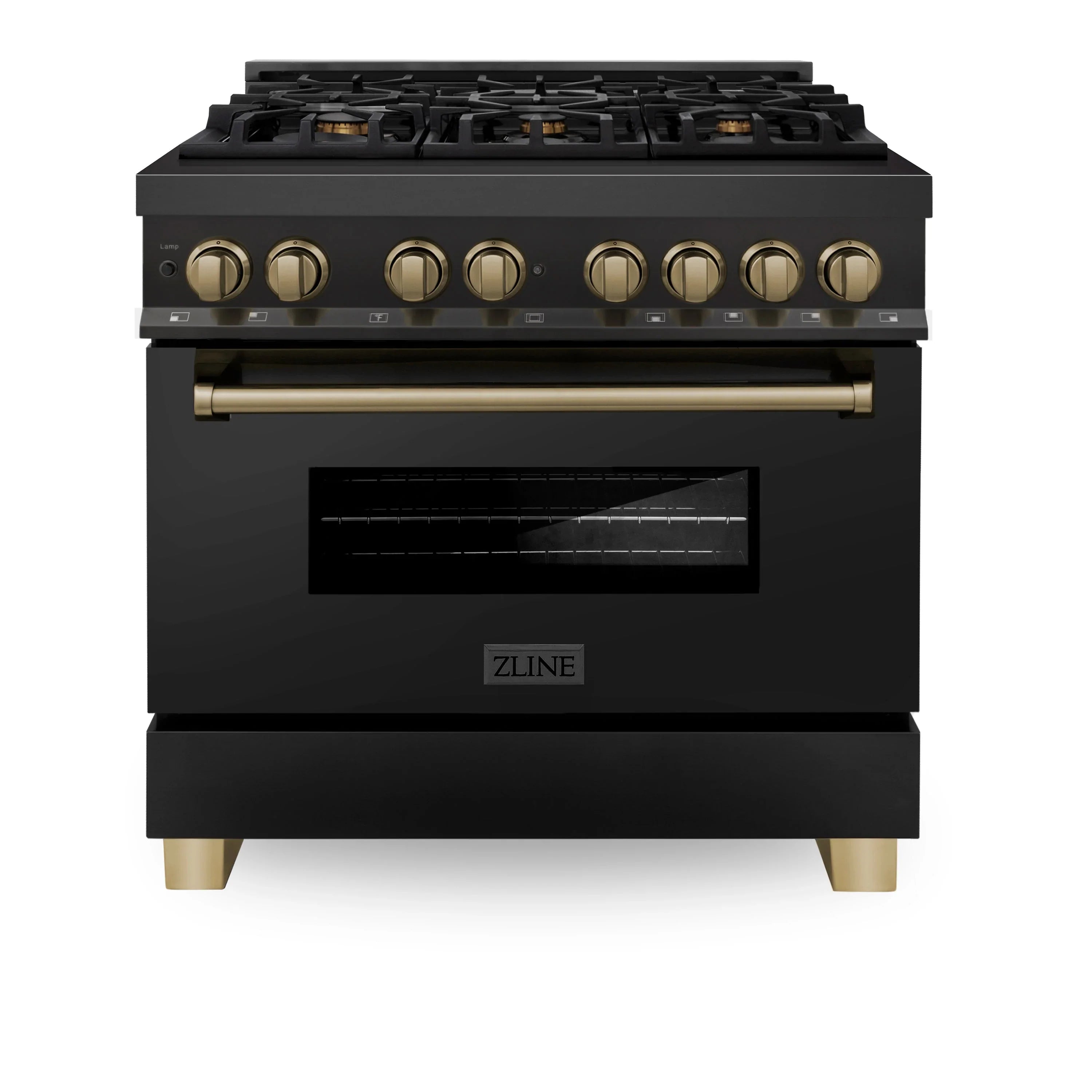 Black dual fuel range with gold control knobs and viewing window