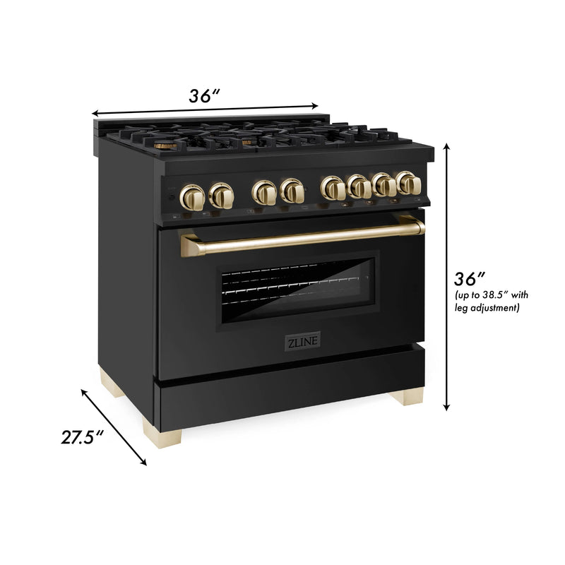ZLINE Autograph Edition 4-Piece Appliance Package - 36-Inch Dual Fuel Range, Refrigerator, Wall Mounted Range Hood, and 24-Inch Tall Tub Dishwasher in Black Stainless Steel with Gold Trim (4AKPR-RABRHDWV36-G)