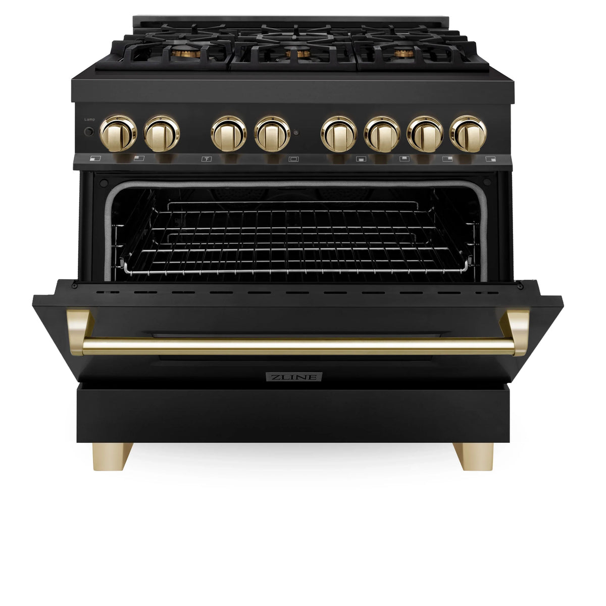 Black dual fuel range with open oven door, gold handle, and oven racks