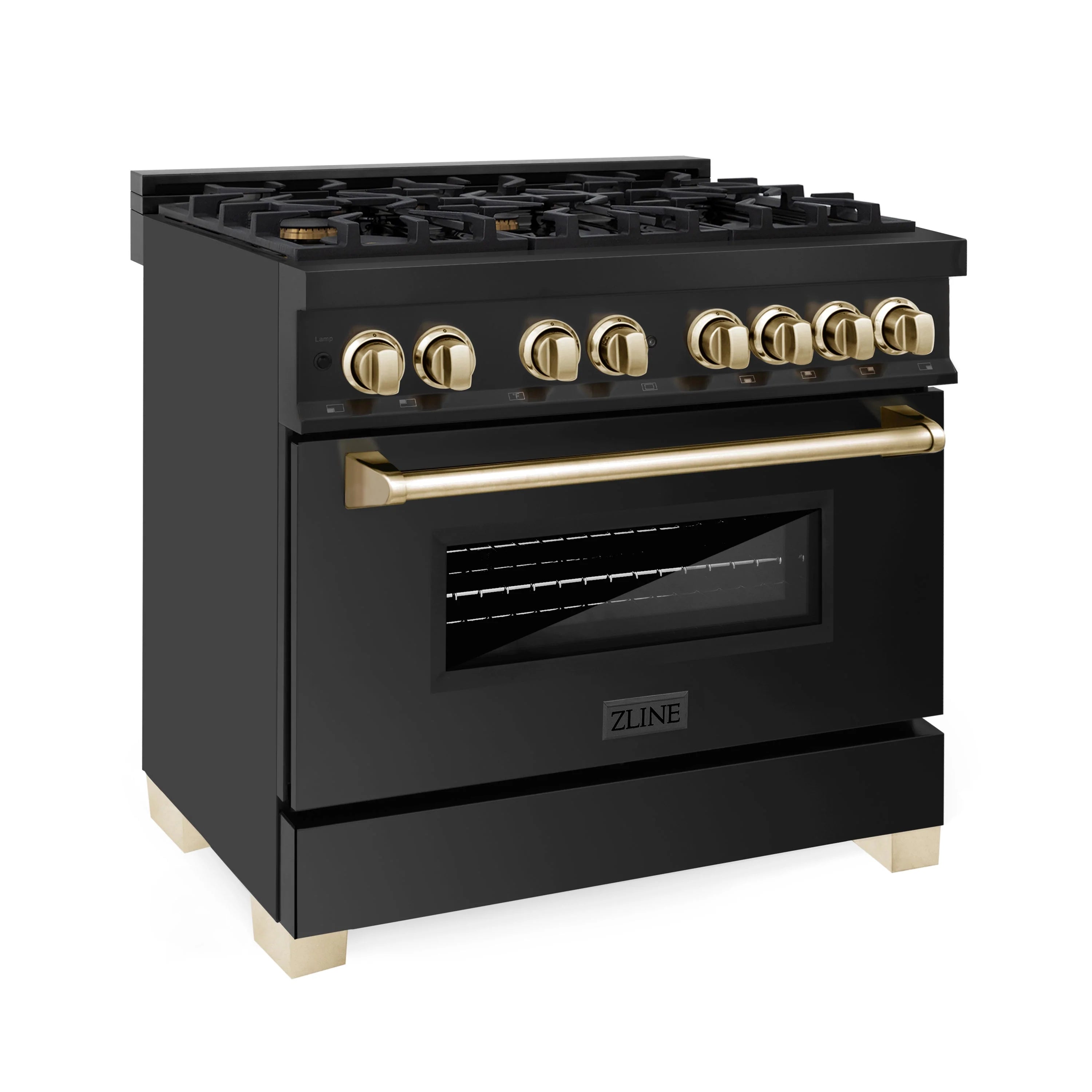 Black dual fuel range with closed oven door, gold knobs and gold handle trim