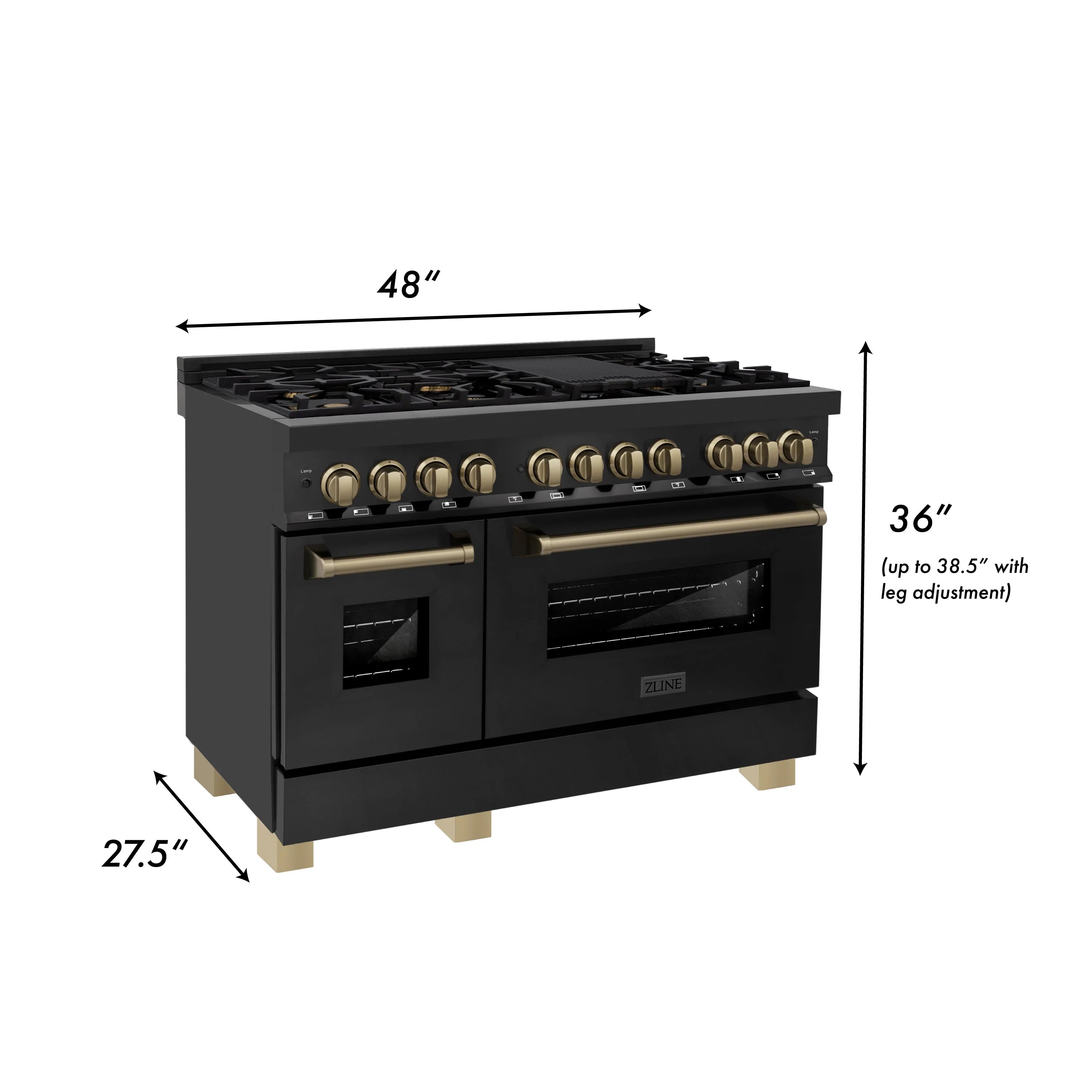Black 48-inch dual fuel range with gold knobs, two ovens, and front view