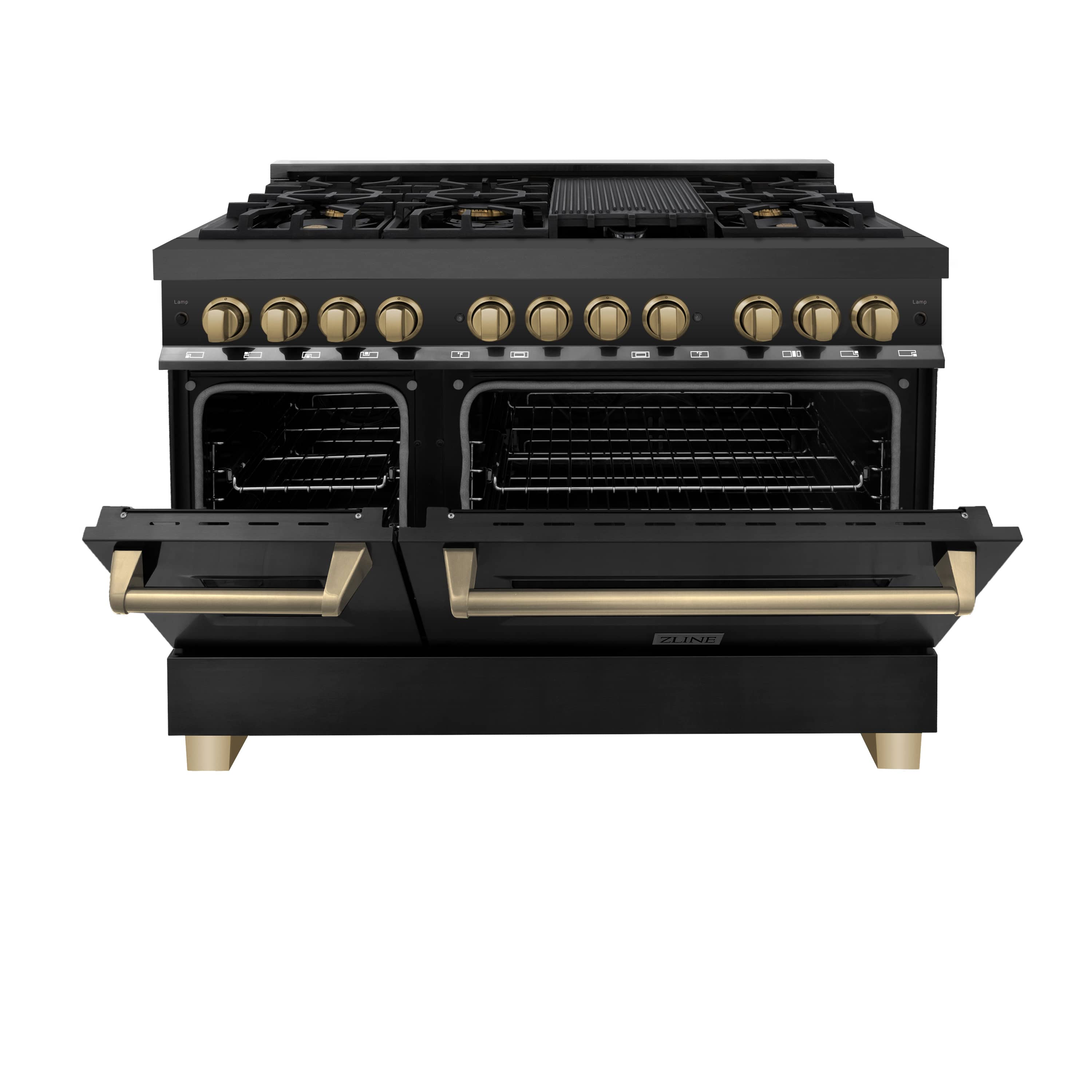Black stainless dual fuel range with both oven doors open and champagne-bronze accents