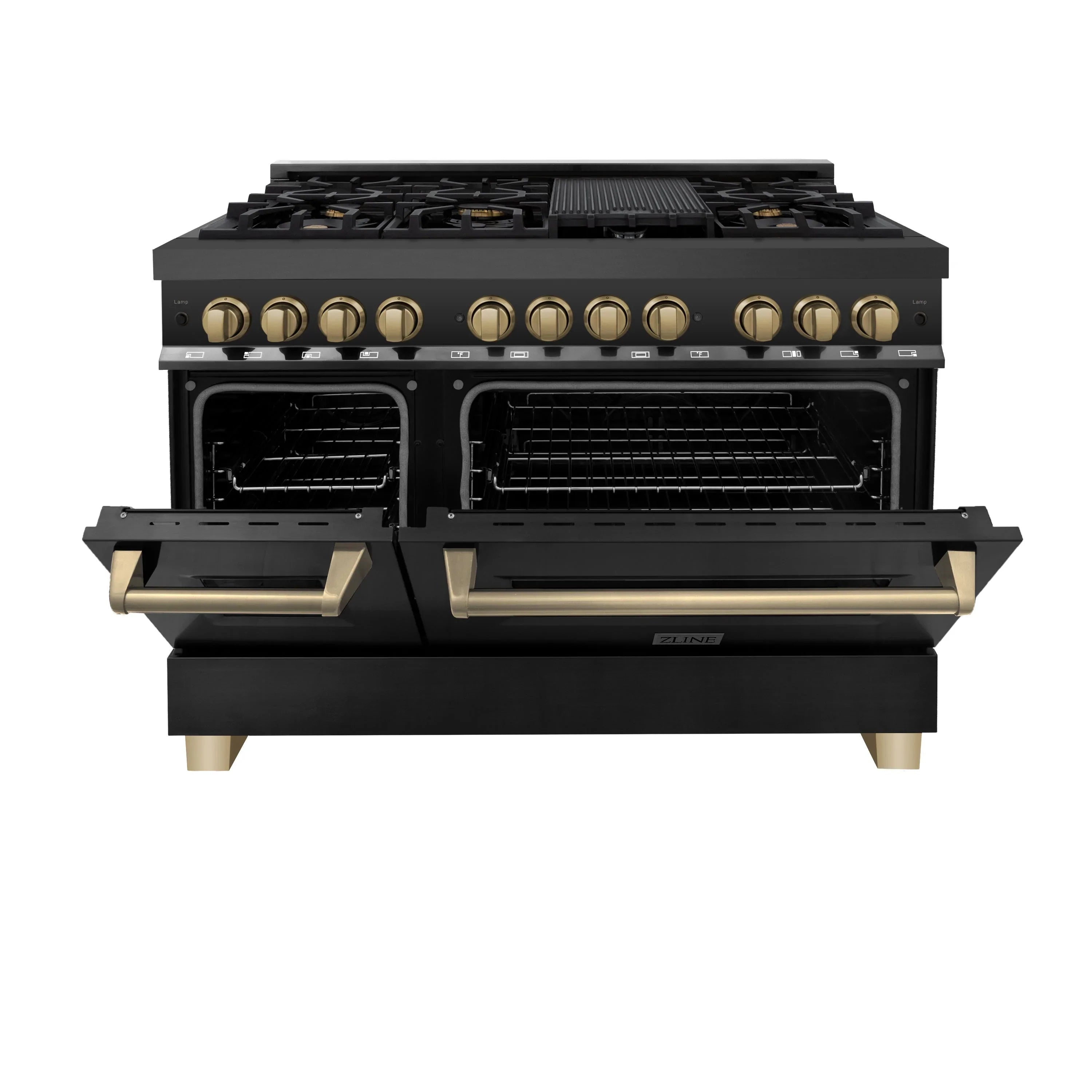 Black dual-fuel range with burners above and two oven doors swung open