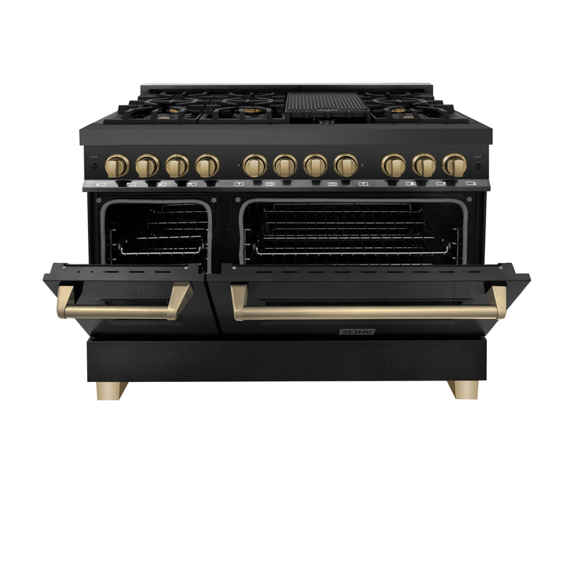 ZLINE Autograph Edition 48-Inch Gas Burner/Electric Oven in Black Stainless Steel with Champaign Bronze Accents (RABZ-48-CB)