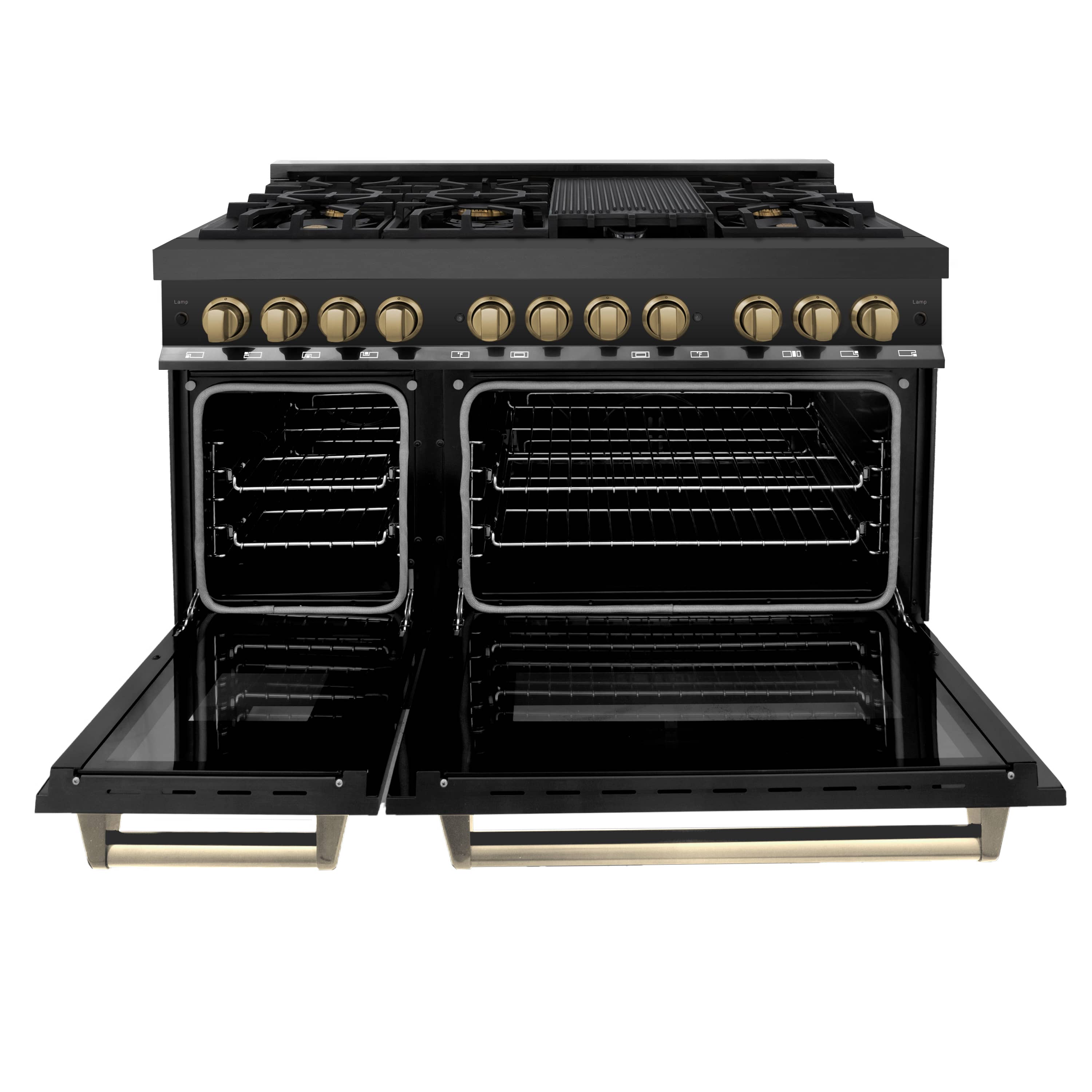 Black stainless dual ovens open with racks and warming interior, dual fuel range
