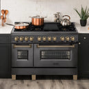 ZLINE Autograph Edition 4-Piece Appliance Package - 48-Inch Dual Fuel Range, Refrigerator, Wall Mounted Range Hood, & 24-Inch Tall Tub Dishwasher in Black Stainless Steel with Champagne Bronze Trim (4AKPR-RABRHDWV48-CB)