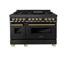 ZLINE Autograph Edition 4-Piece Appliance Package - 48-Inch Dual Fuel Range, Refrigerator, Wall Mounted Range Hood, & 24-Inch Tall Tub Dishwasher in Black Stainless Steel with Champagne Bronze Trim (4AKPR-RABRHDWV48-CB)