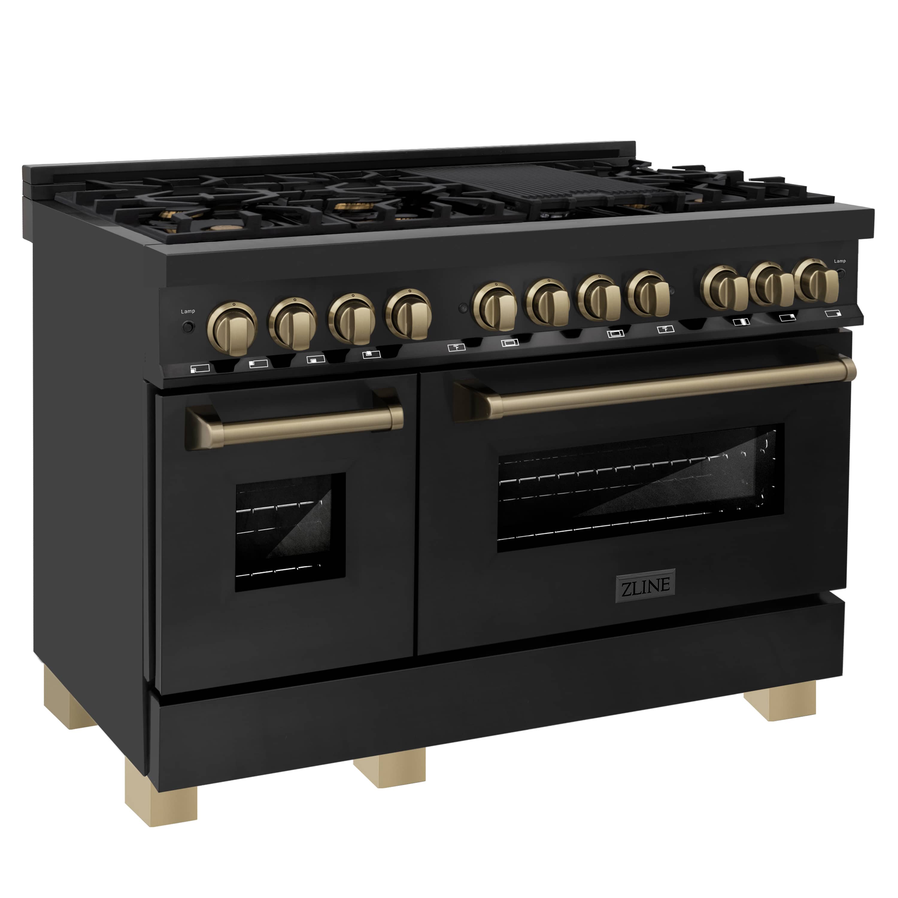 Black stainless dual fuel range with champagne bronze control knobs and gas burners