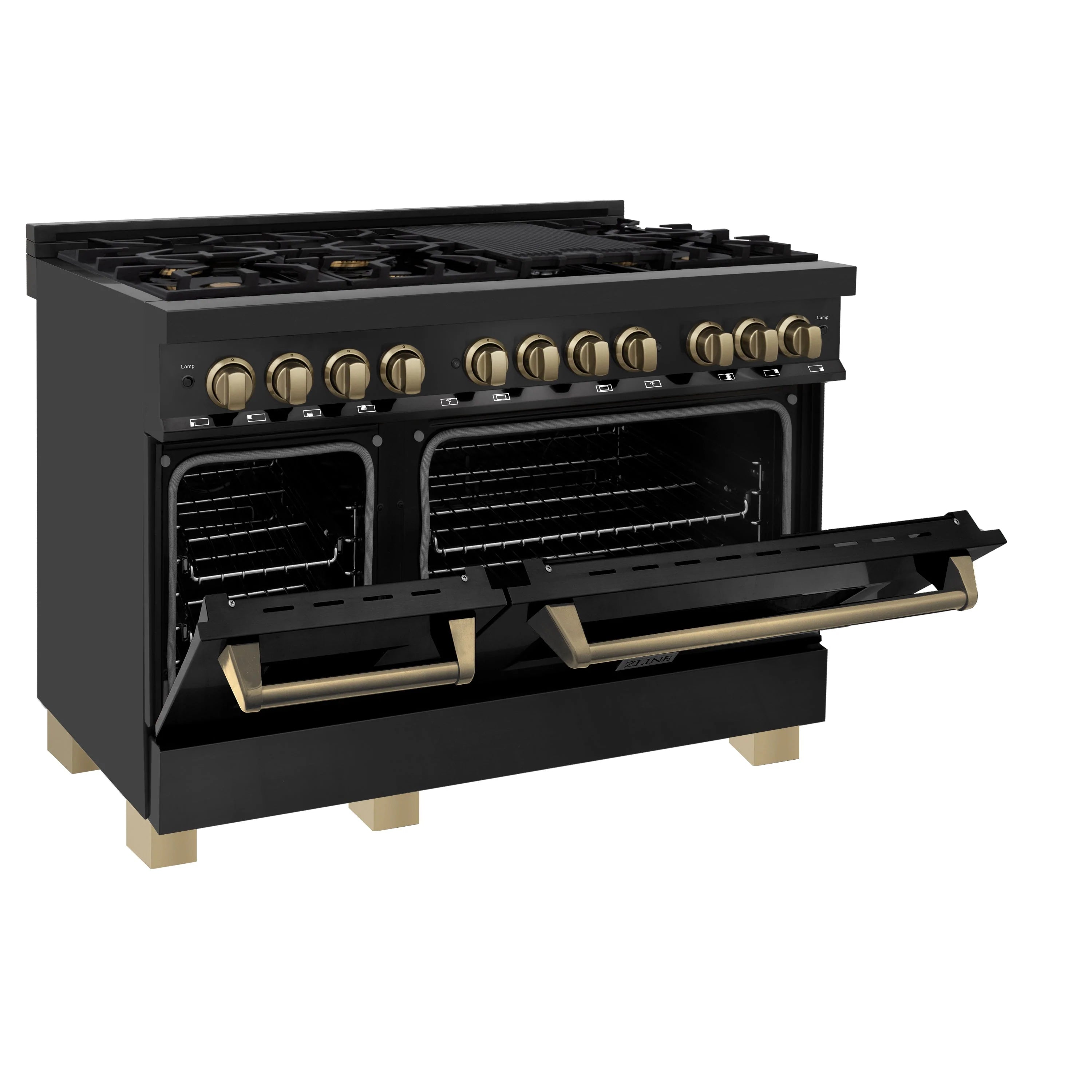 Black dual fuel range with side burner controls and open ovens with gold racks