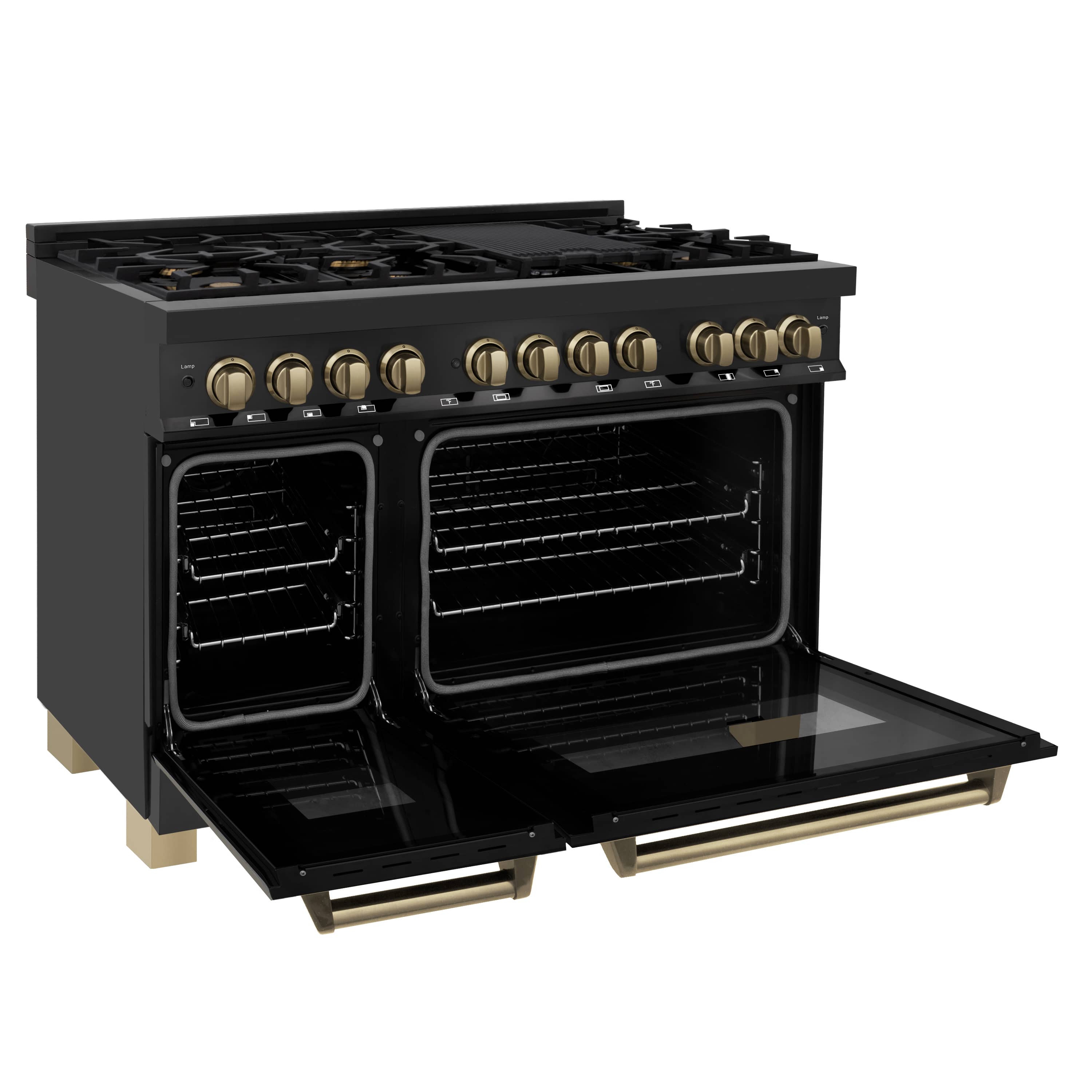 Black range front with double oven doors open, chrome racks, and champagne bronze knobs