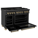 ZLINE Legacy Series Autograph Edition 48-inch Dual Fuel Range with 7 Gas Burner Stove and 6.0 Cu. Ft. Electric Oven in Black Stainless Steel Champagne Bronze Accents (RABZ-48-CB)