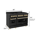 ZLINE Autograph Edition 4-Piece Appliance Package - 48-Inch Dual Fuel Range, Refrigerator with Water Dispenser, Wall Mounted Range Hood, & 24-Inch Tall Tub Dishwasher in Black Stainless Steel with Gold Trim (4KAPR-RABRHDWV48-G)