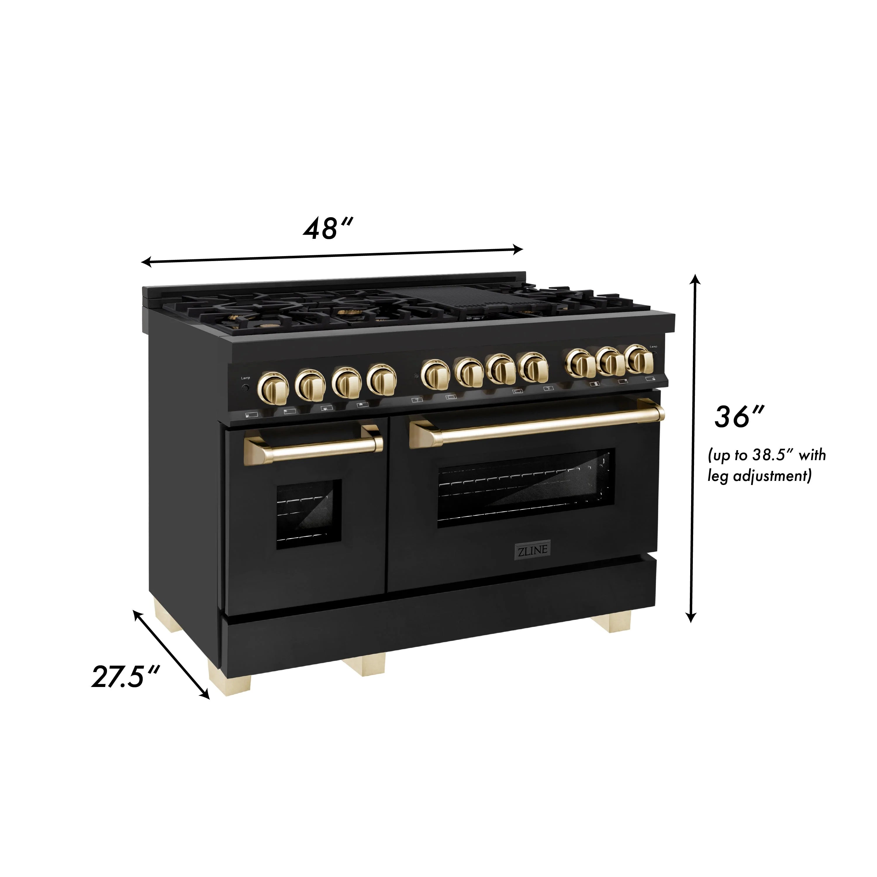 Black dual-fuel range with gold knobs and oven handles, front view.