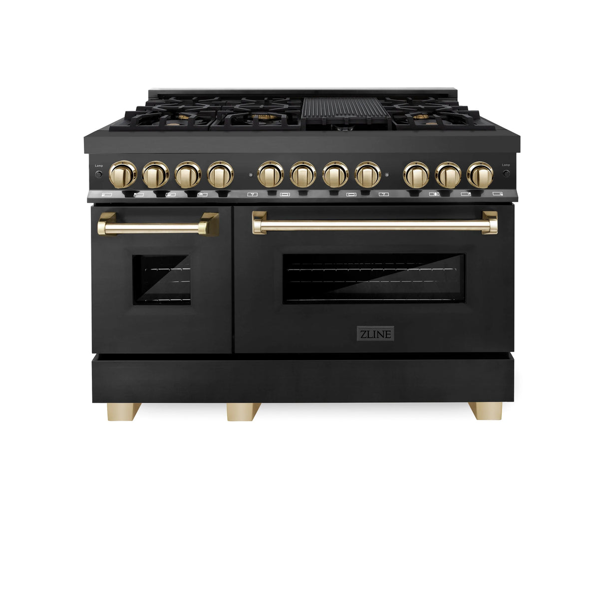 Front view of black dual fuel range with gold handles and dual oven doors