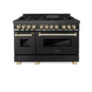 ZLINE Autograph Edition 3-Piece Appliance Package - 48-Inch Dual Fuel Range, Wall Mounted Range Hood, & 24-Inch Tall Tub Dishwasher in Black Stainless Steel with Gold Trim (3AKP-RABRHDWV48-G)