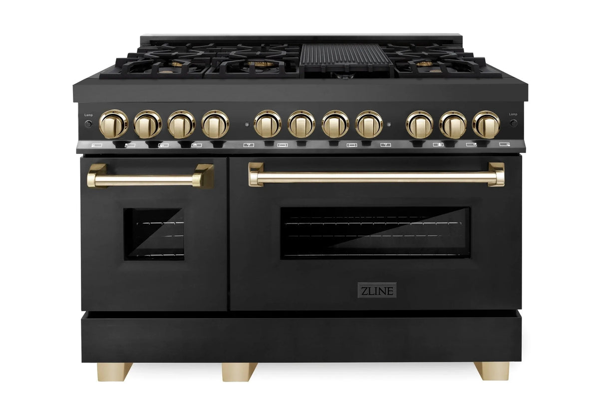 Black dual fuel range with gold control knobs and double ovens, 48-inch size