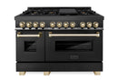 ZLINE Autograph Edition 4-Piece Appliance Package - 48-Inch Dual Fuel Range, Refrigerator, Wall Mounted Range Hood, & 24-Inch Tall Tub Dishwasher in Black Stainless Steel with Gold Trim (4AKPR-RABRHDWV48-G)