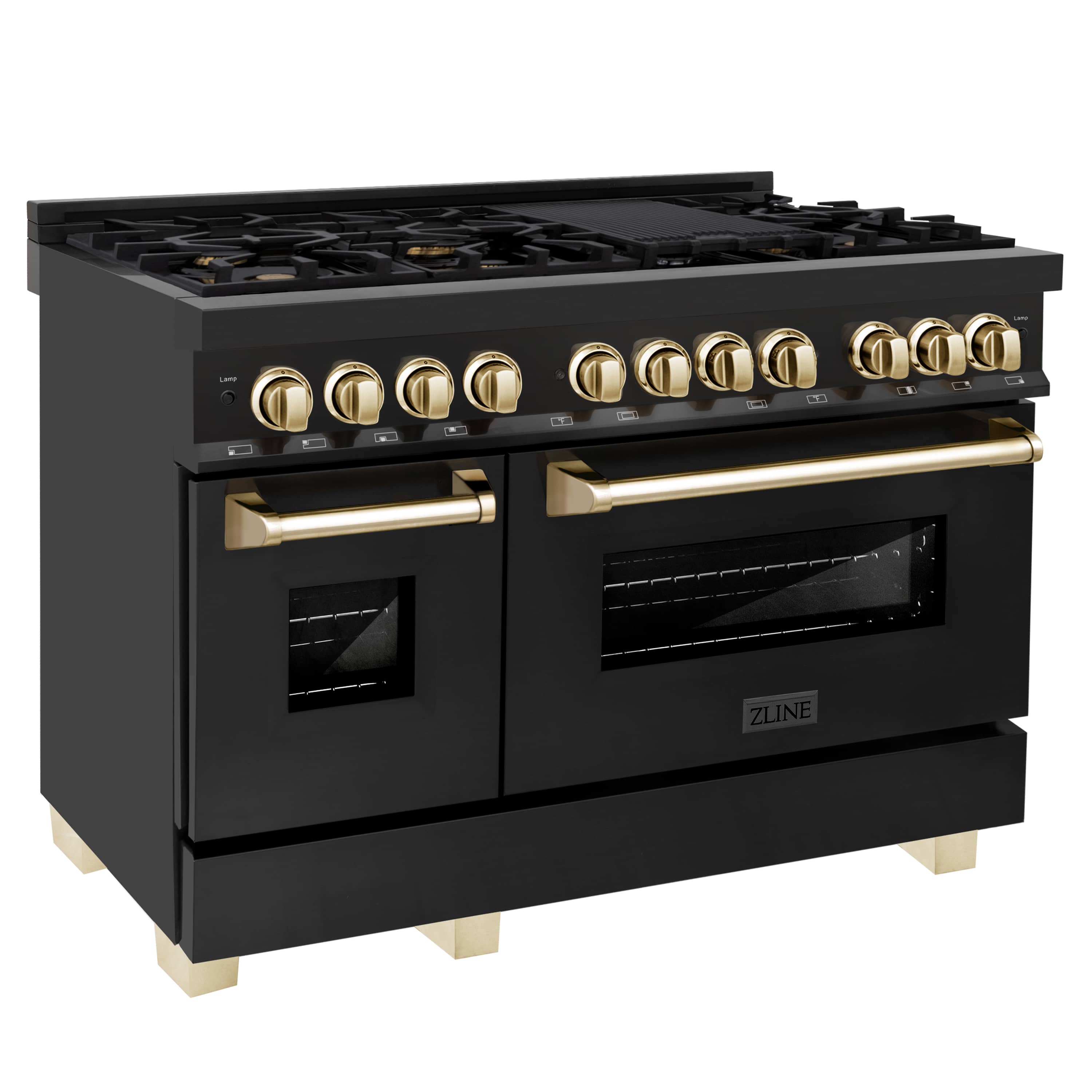 Black dual fuel range with gold knobs, 7 gas burners and electric oven