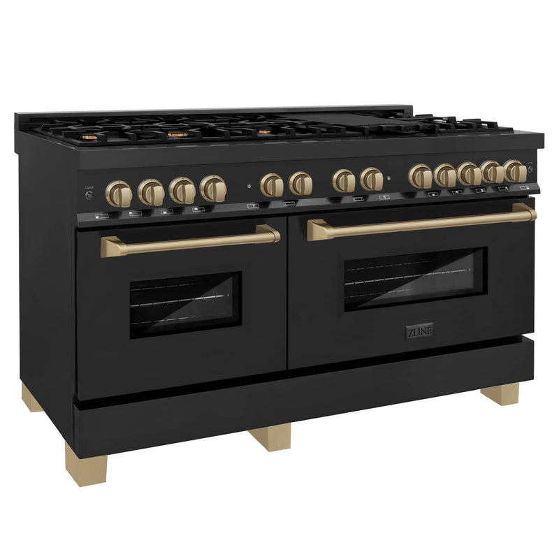 ZLINE Autograph Edition 60-Inch Dual Fuel Range with Gas Stove and Electric Oven in Black Stainless Steel with Champagne Bronze Accents (RABZ-60-CB)