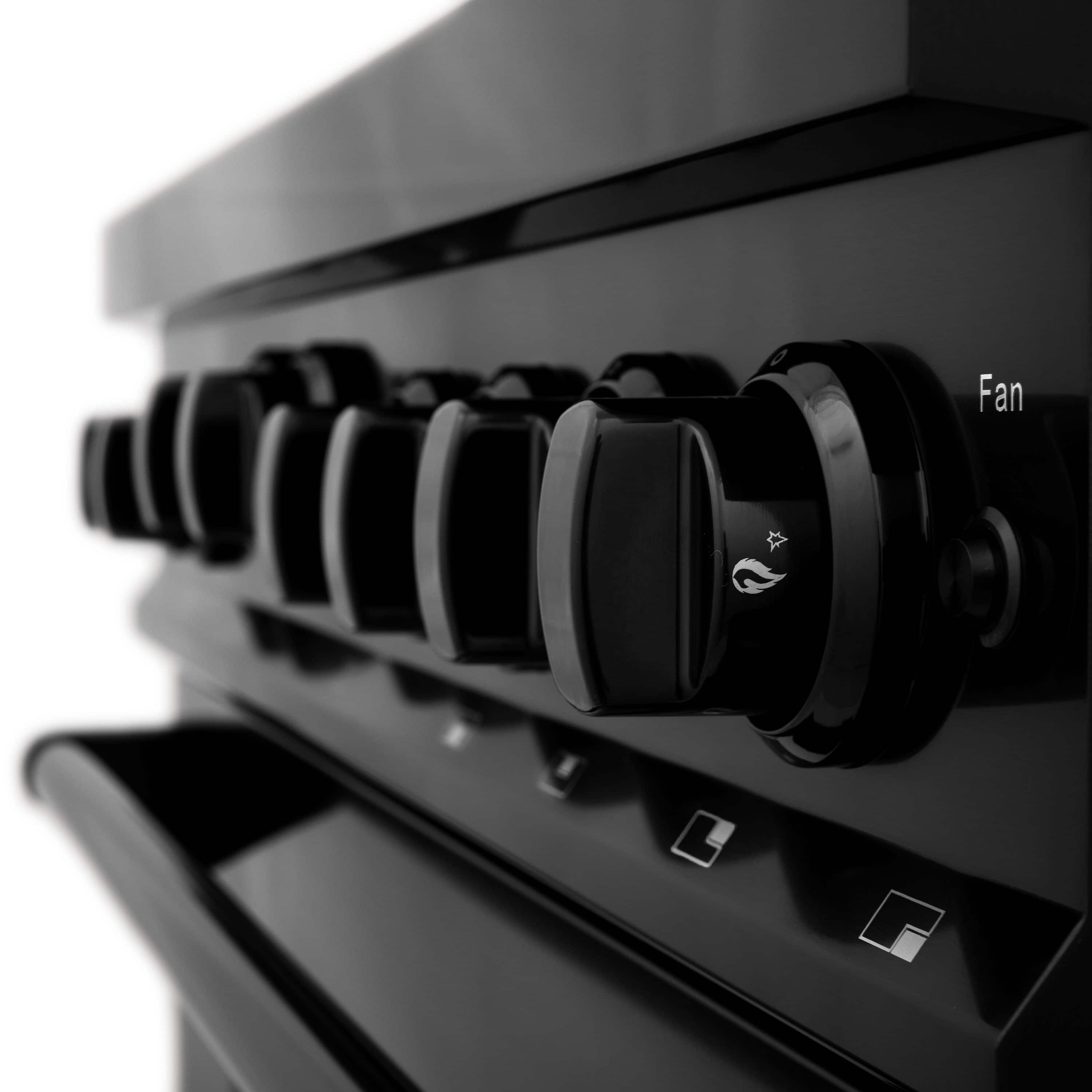ZLINE dual-fuel range control knobs with fan mode label on black panel