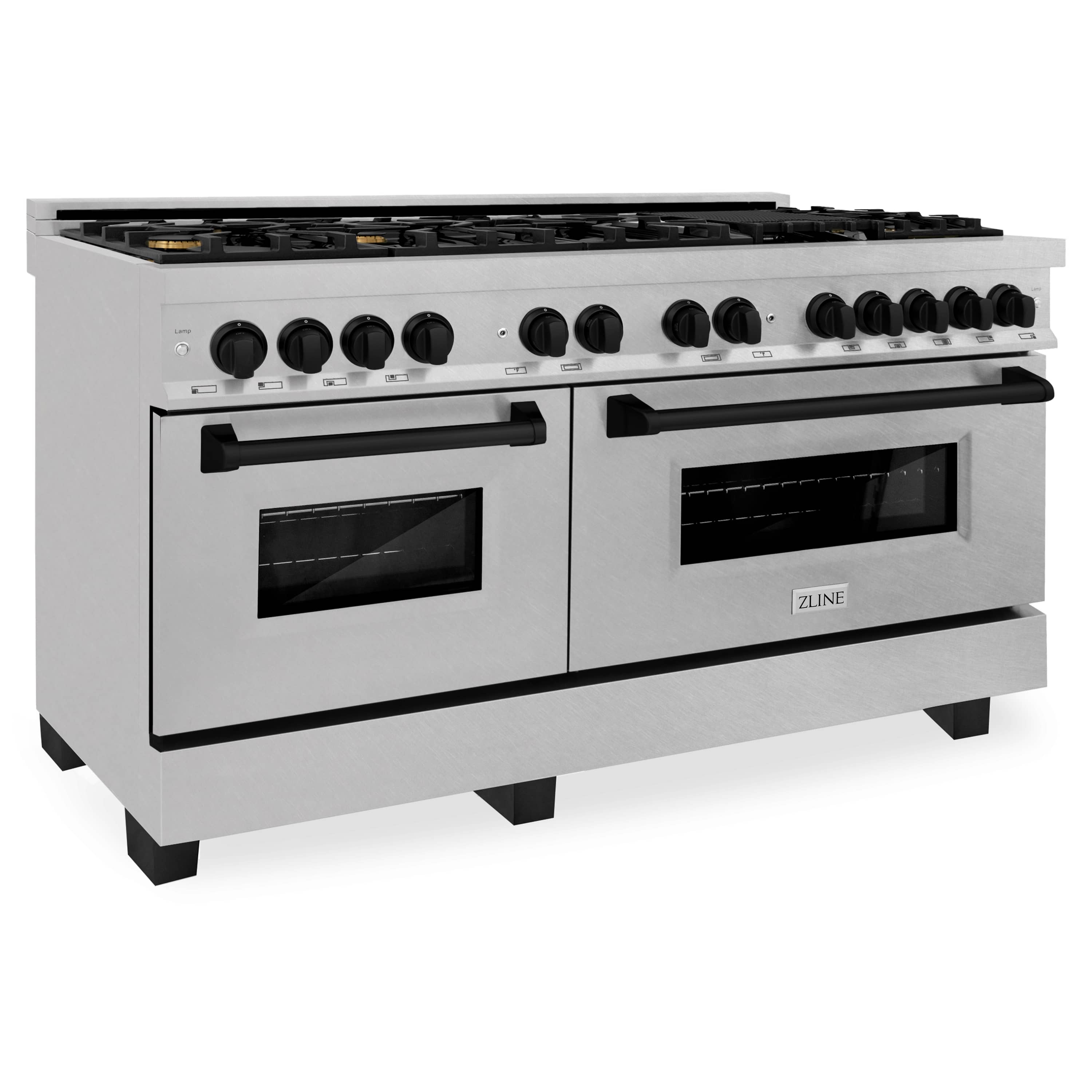Dual fuel range front view with stainless doors, black handles, and control panel knobs