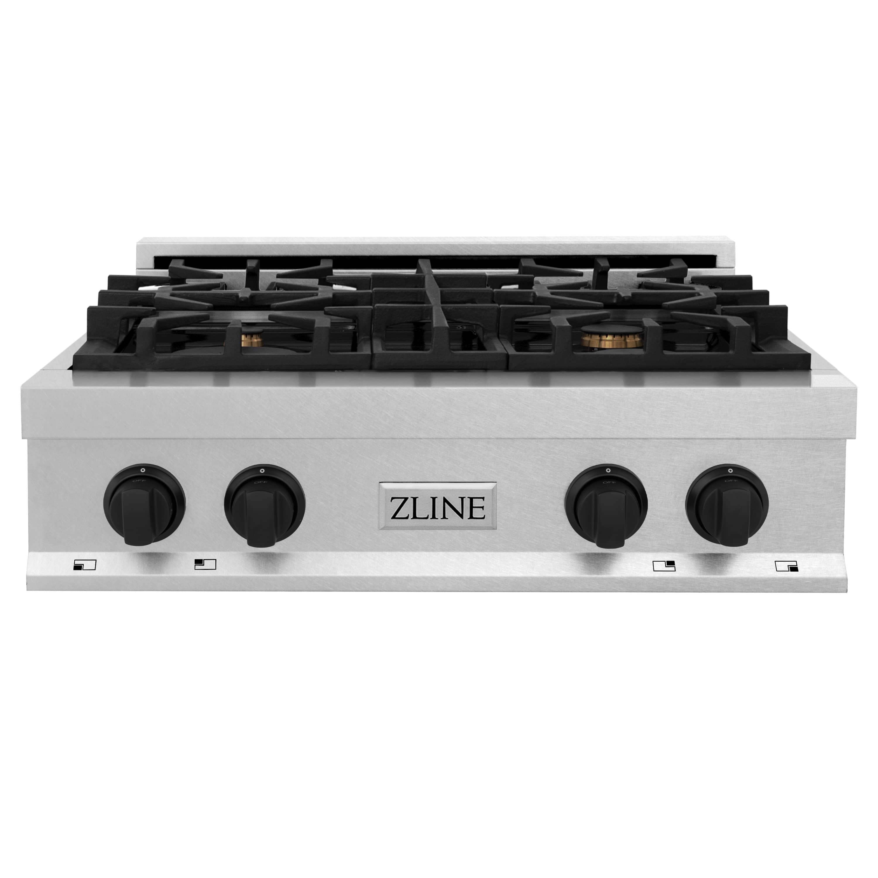 Front view of 4-burner gas rangetop with matte black control knobs on stainless face
