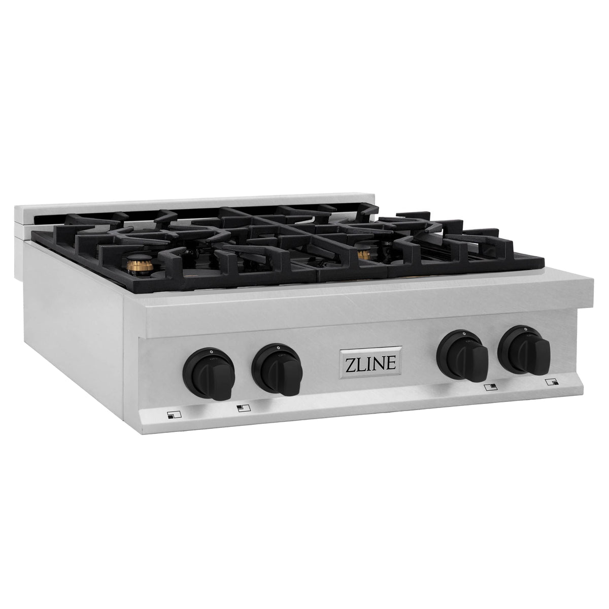 30-inch 4-burner gas rangetop with black grates and matte black knobs on stainless body