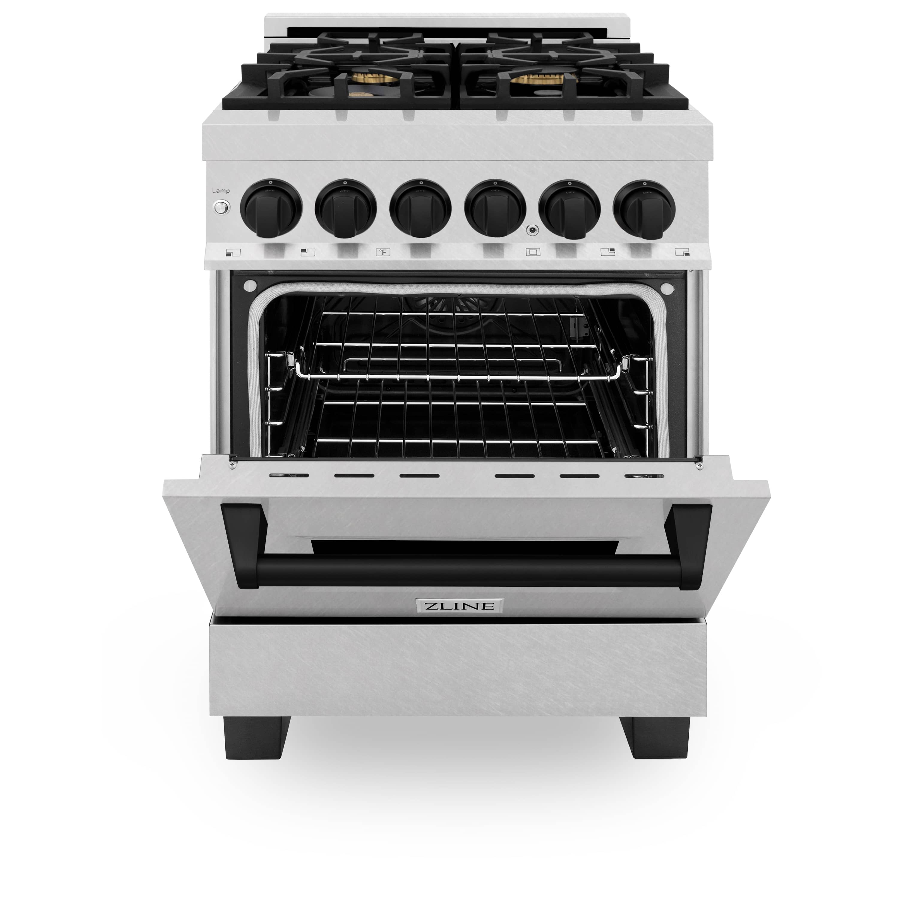 Satin stainless dual fuel range with open oven door and black glass