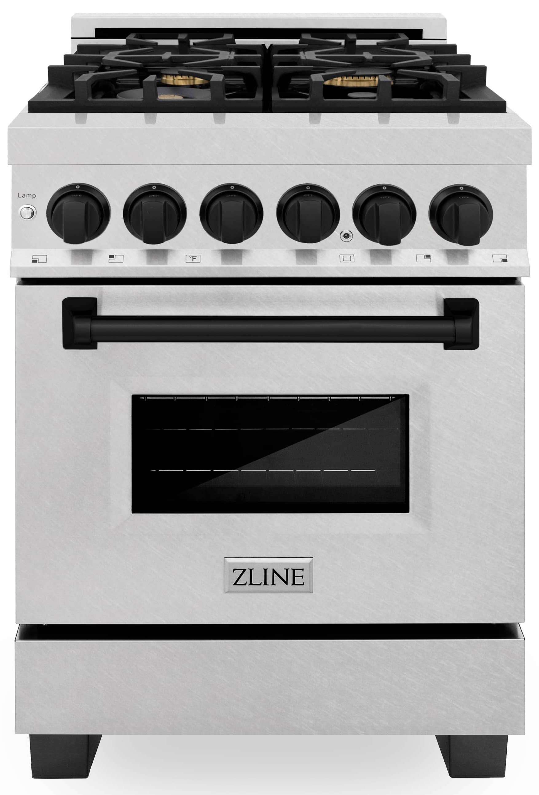 Front view of satin stainless dual fuel range with black knobs and oven window
