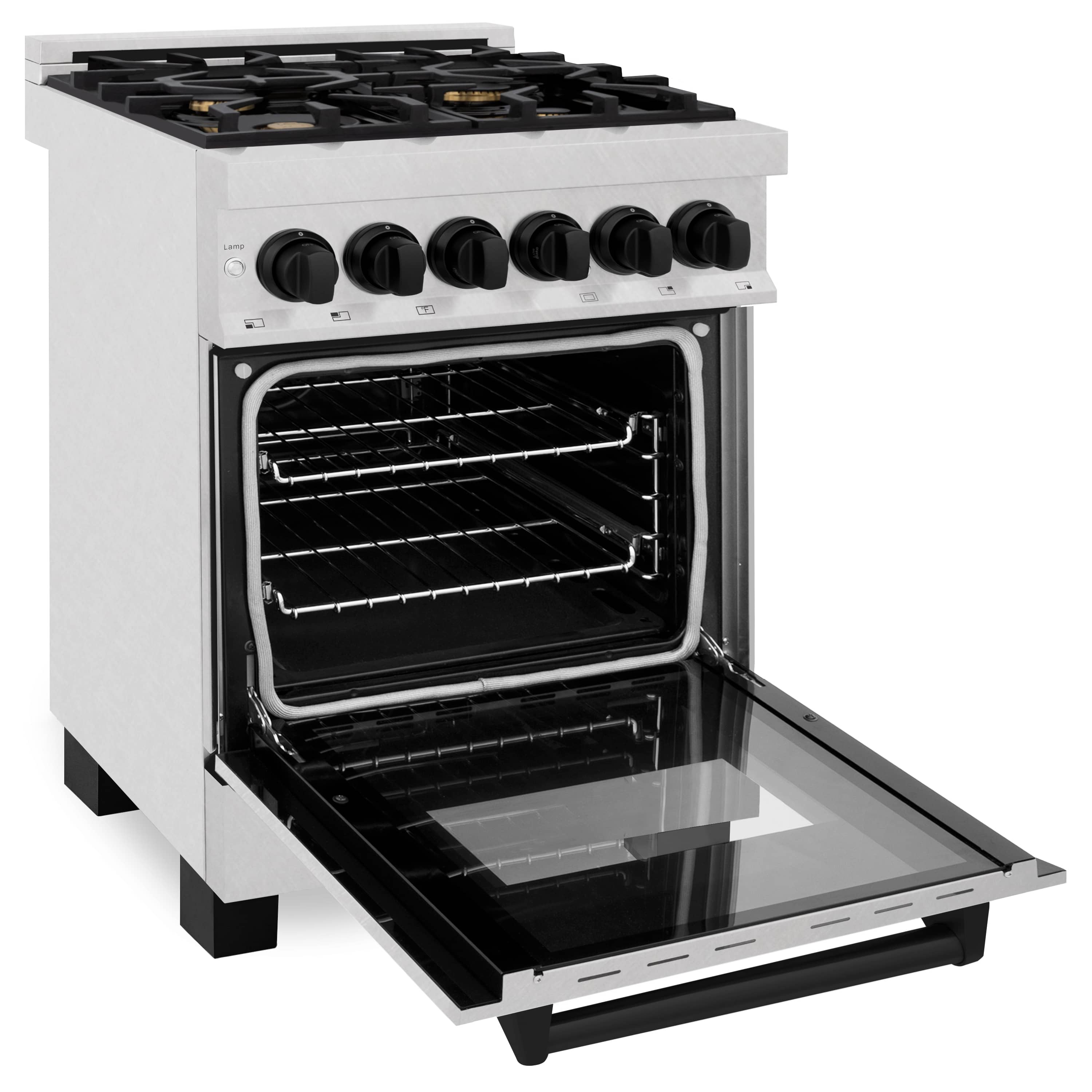 Dual fuel range with oven door open and lower storage drawer extended