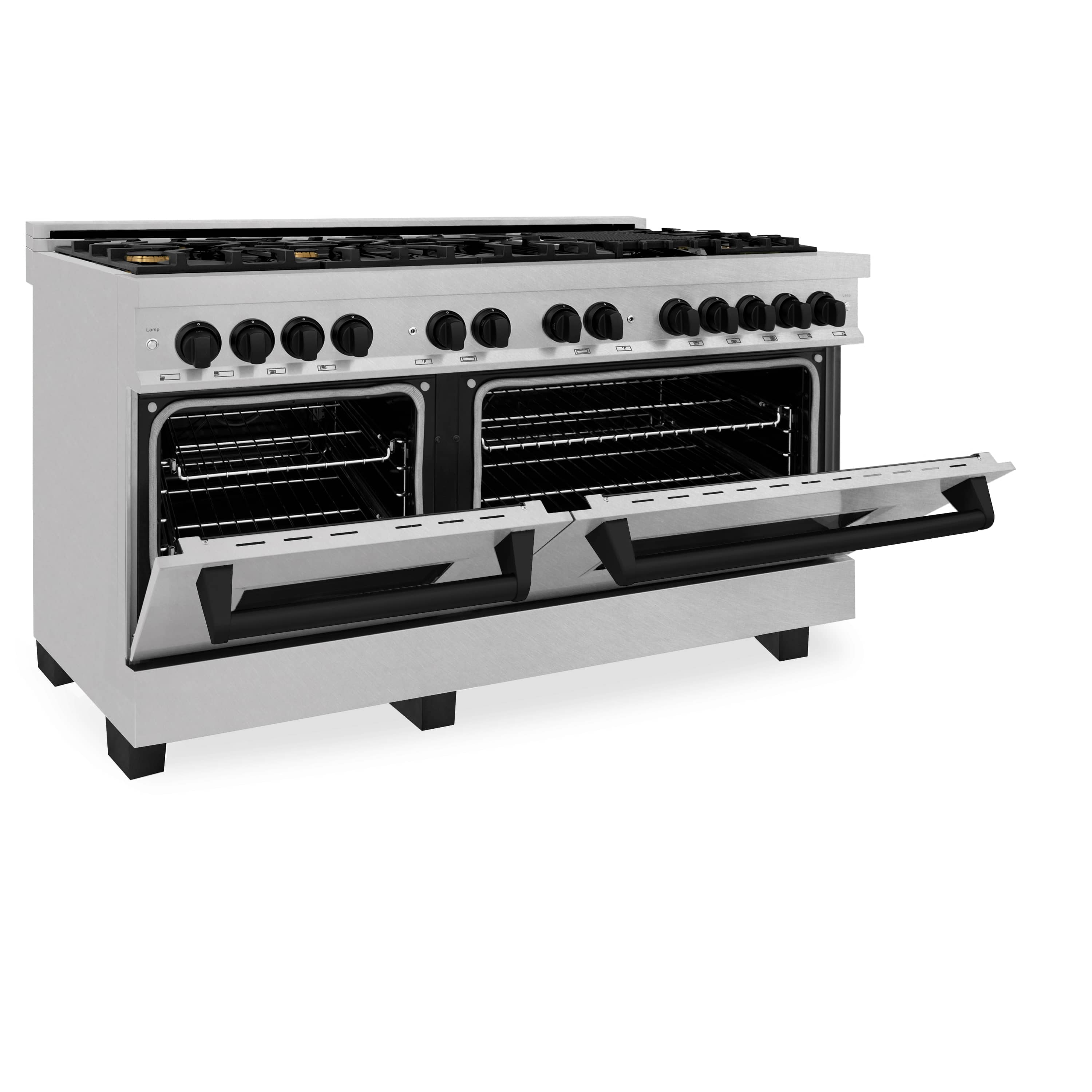 Dual fuel range with oven doors open and slide-out broiler drawer extended