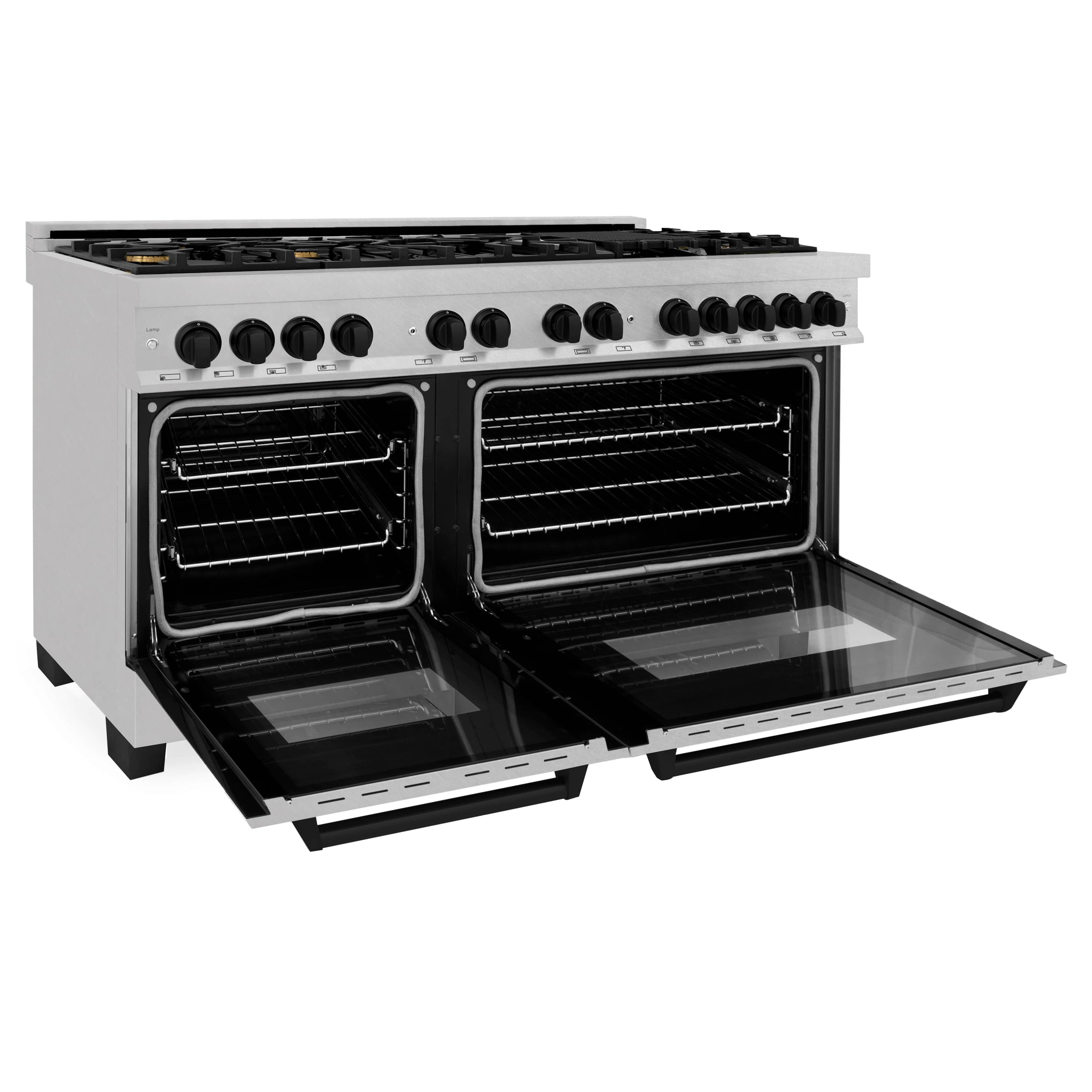 Dual fuel range with open electric oven doors and black glass oven window