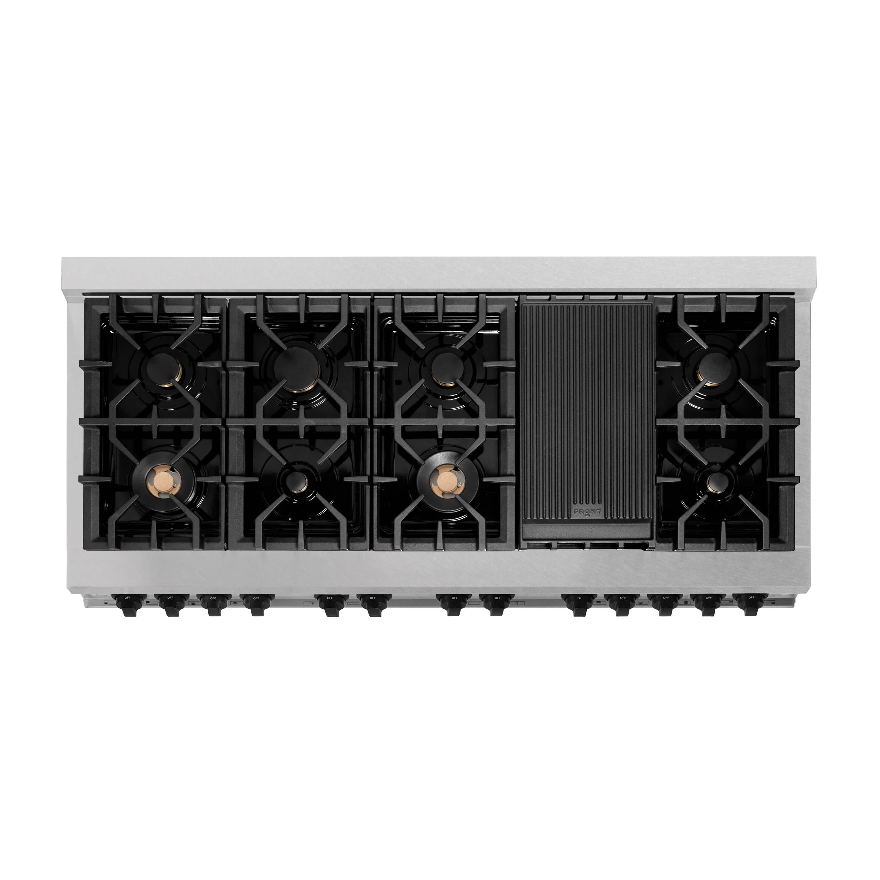 Dual fuel range burner grates with black control panel and stainless base