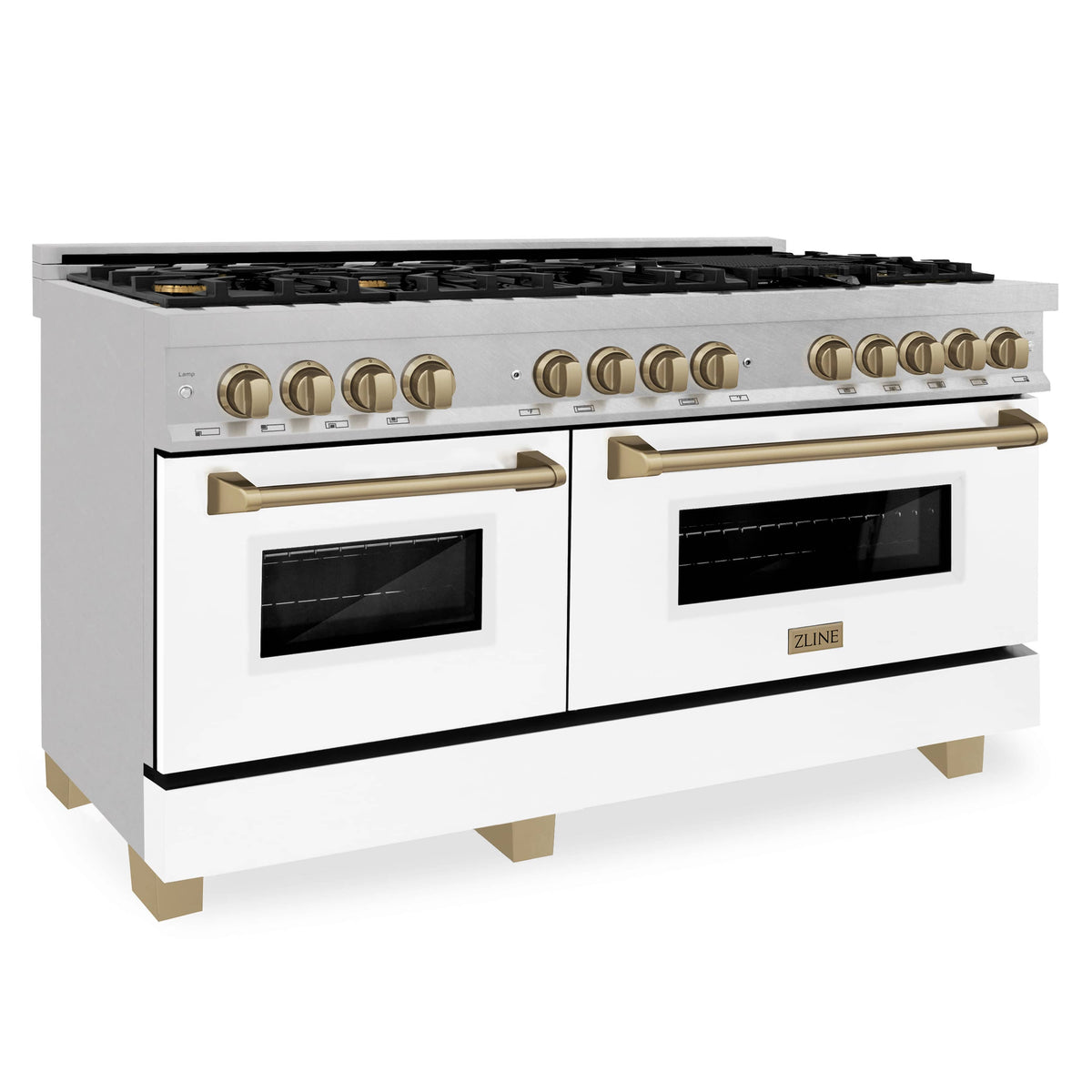 Dual fuel range in satin stainless with white oven doors, bronze accents, and black stovetop grates