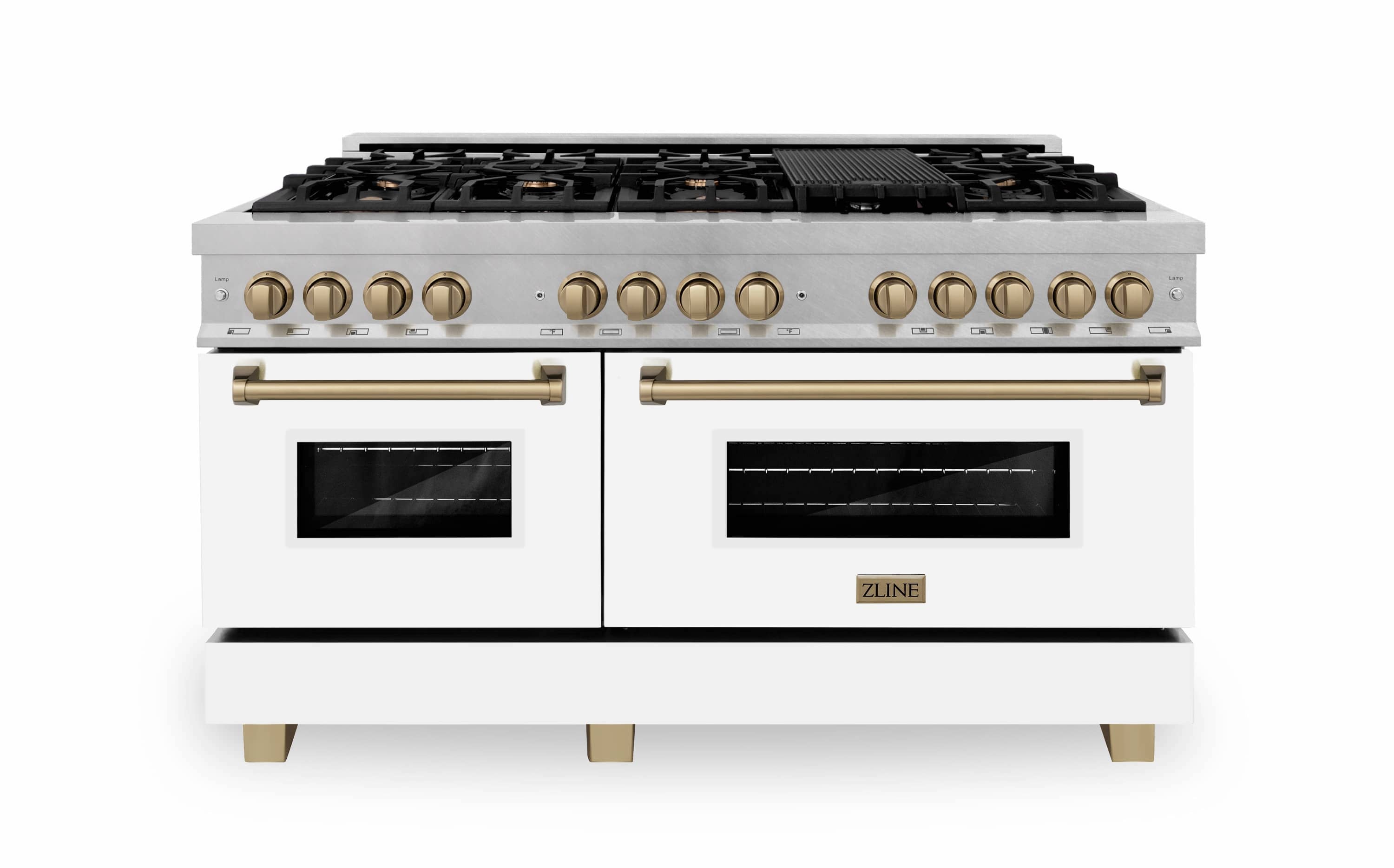 60-inch dual fuel range front view with twin oven doors, bronze knobs, and black cooktop grates