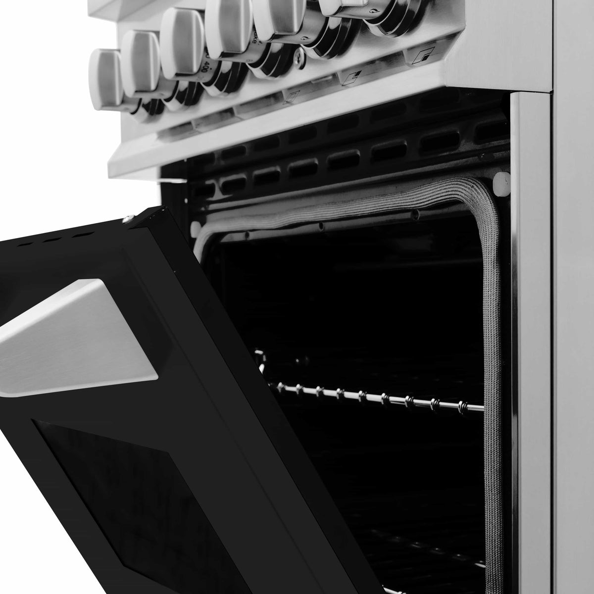 Dual fuel oven with open door, wire oven rack, and lower heating area visible