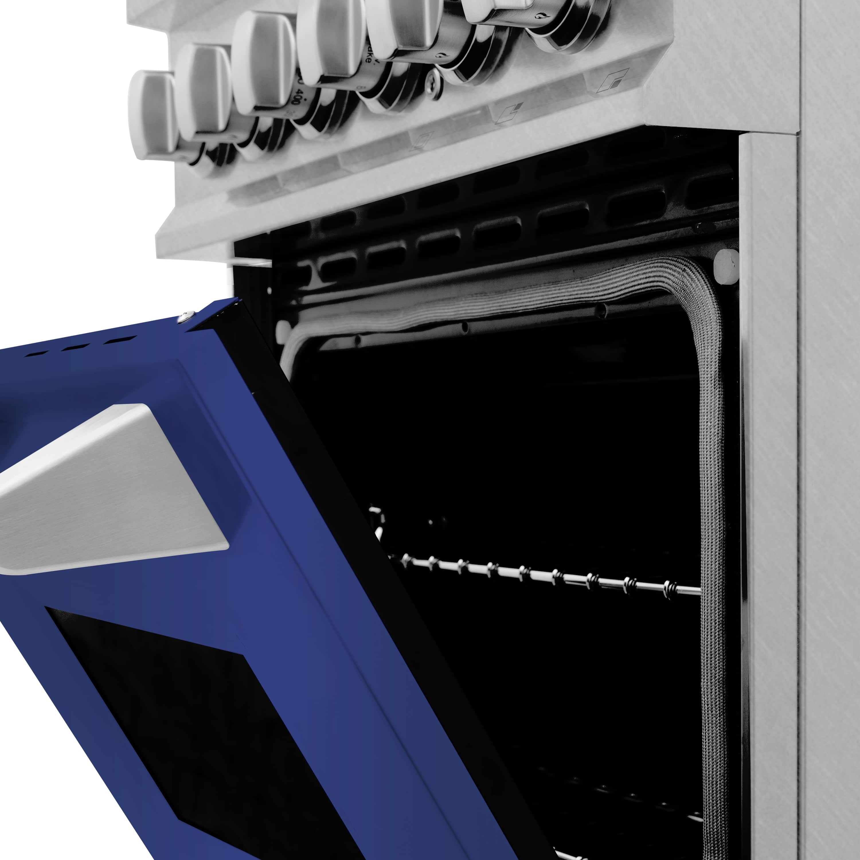 Oven interior with wire racks, burner elements, and blue door edge