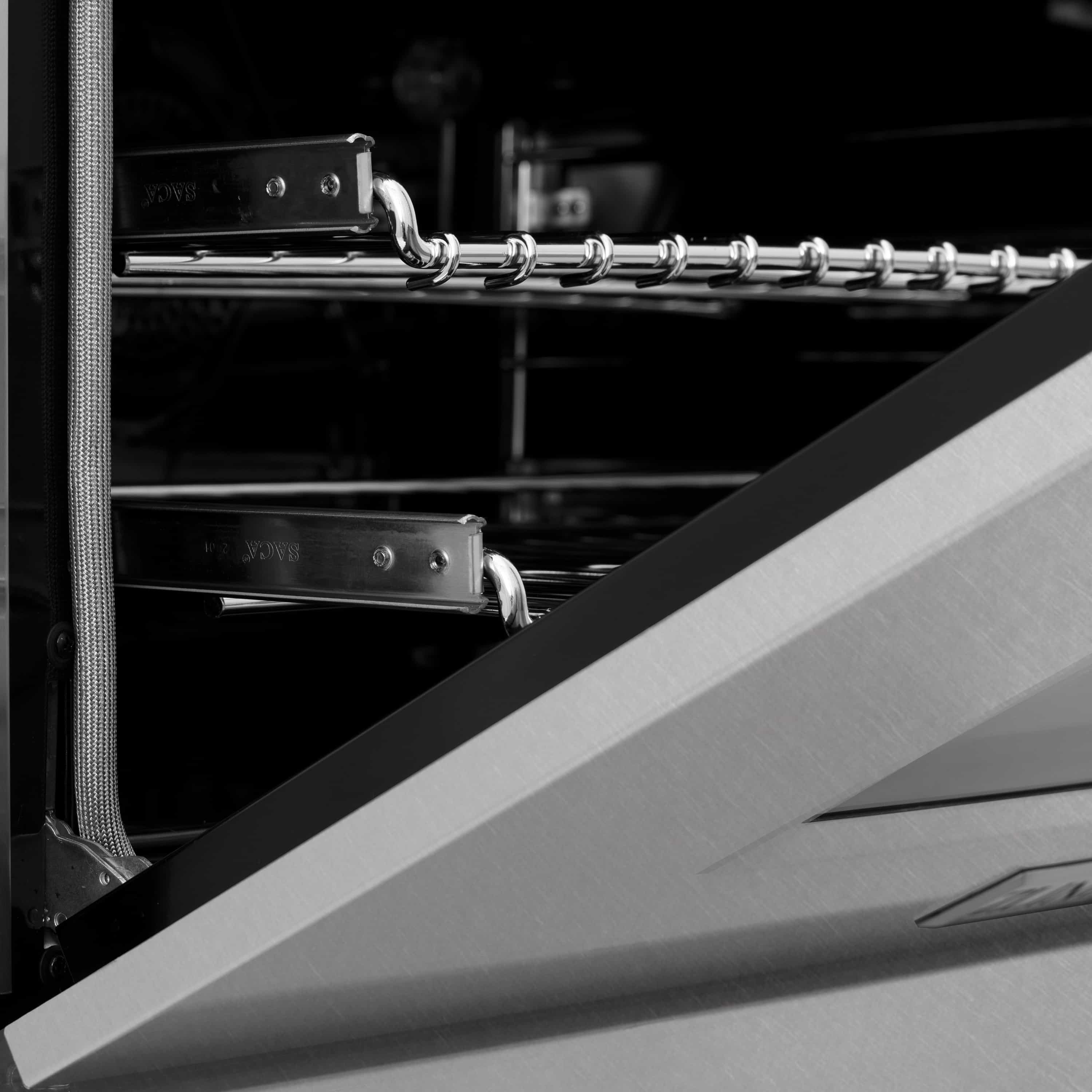 Open oven interior with chrome rack supports and chain-style shelf guides