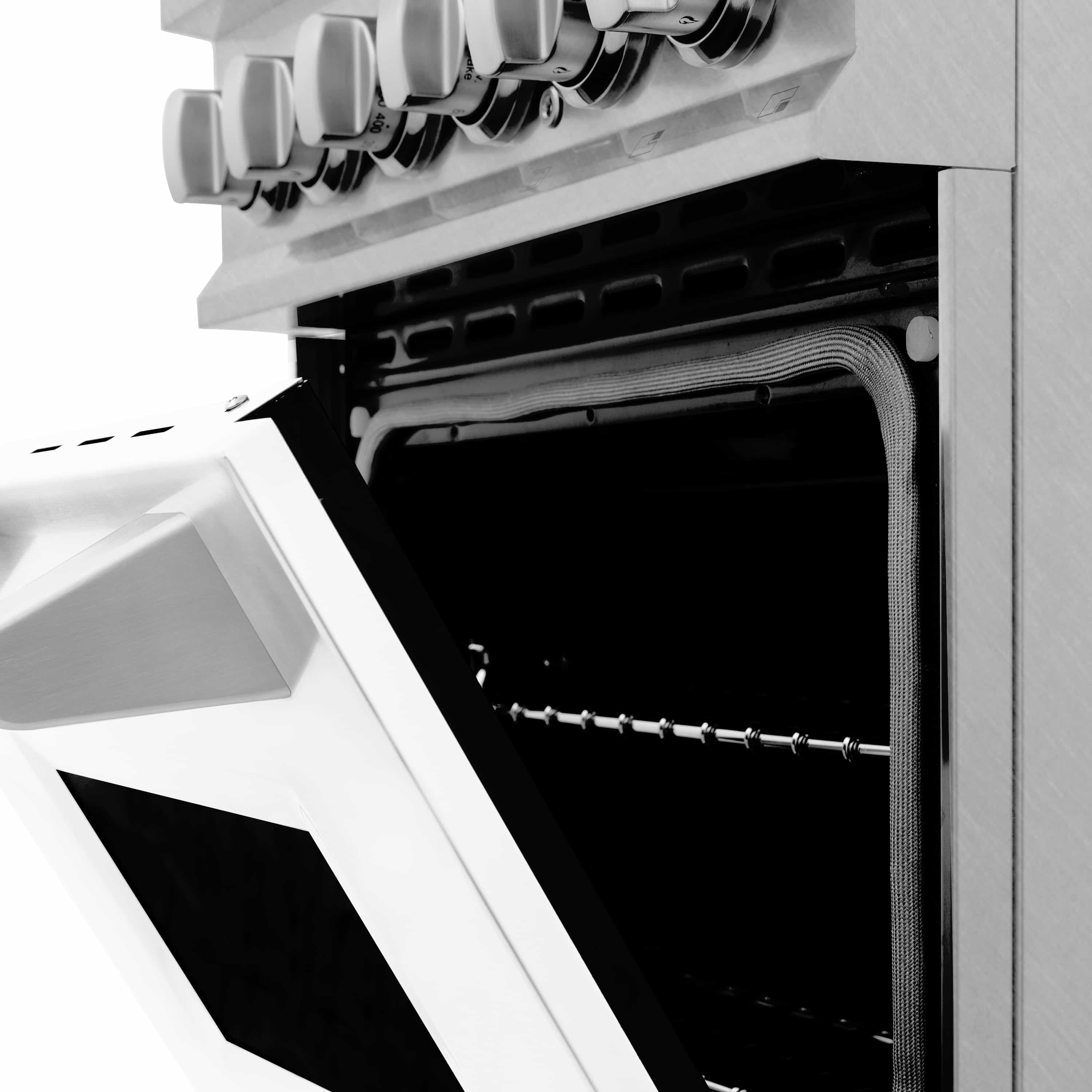 Dual fuel range open oven door with visible oven interior and rack area
