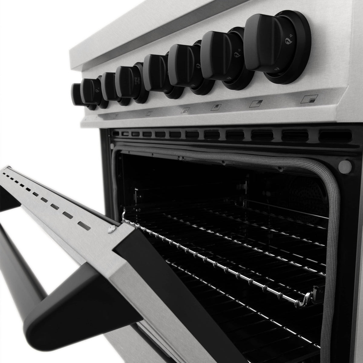 Open electric oven door with wire racks and control knobs on stainless range