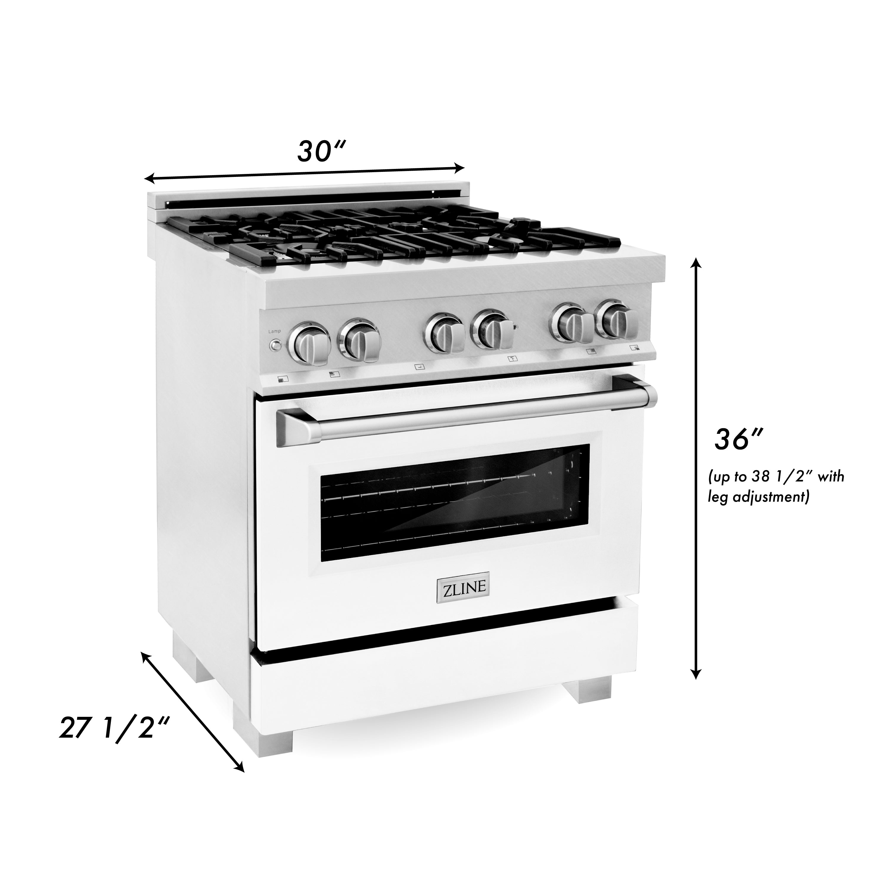 ZLINE dual-fuel range with gas burners and electric oven with clear window