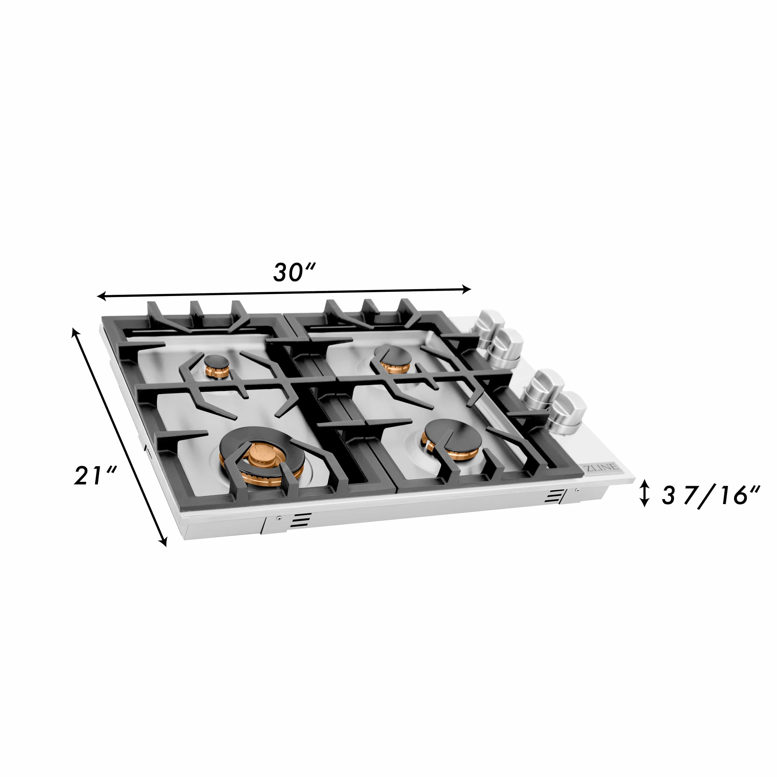 30-inch gas cooktop top view with four burners and cast-iron grate layout