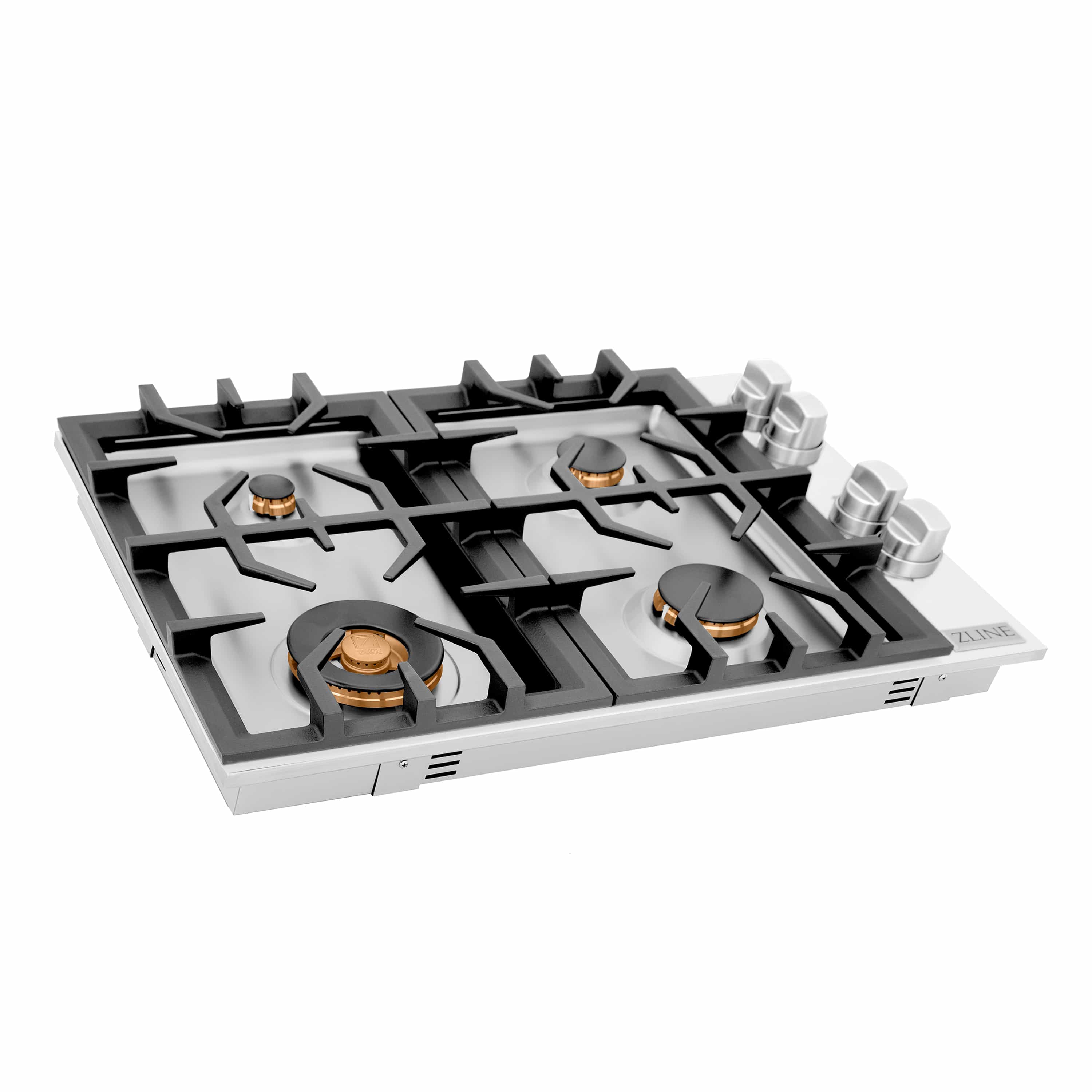 Gas cooktop with four burners, cast-iron grates, and brass burner accents, top view