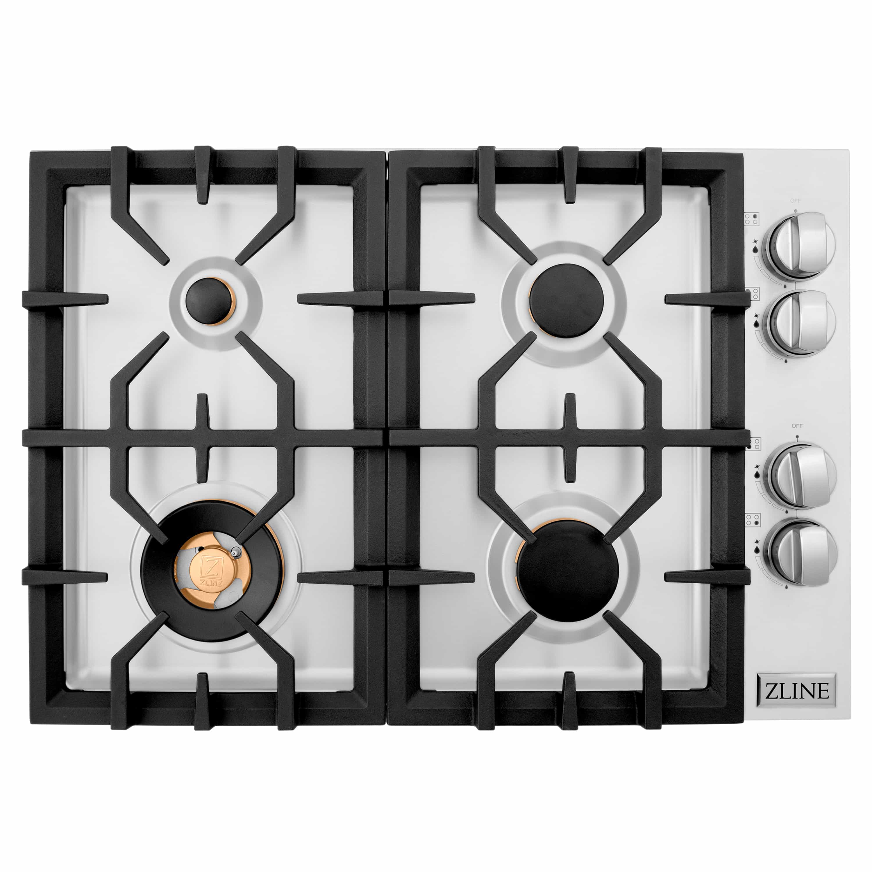 ZLINE gas cooktop with four burners, black grates, and stainless control knobs on right