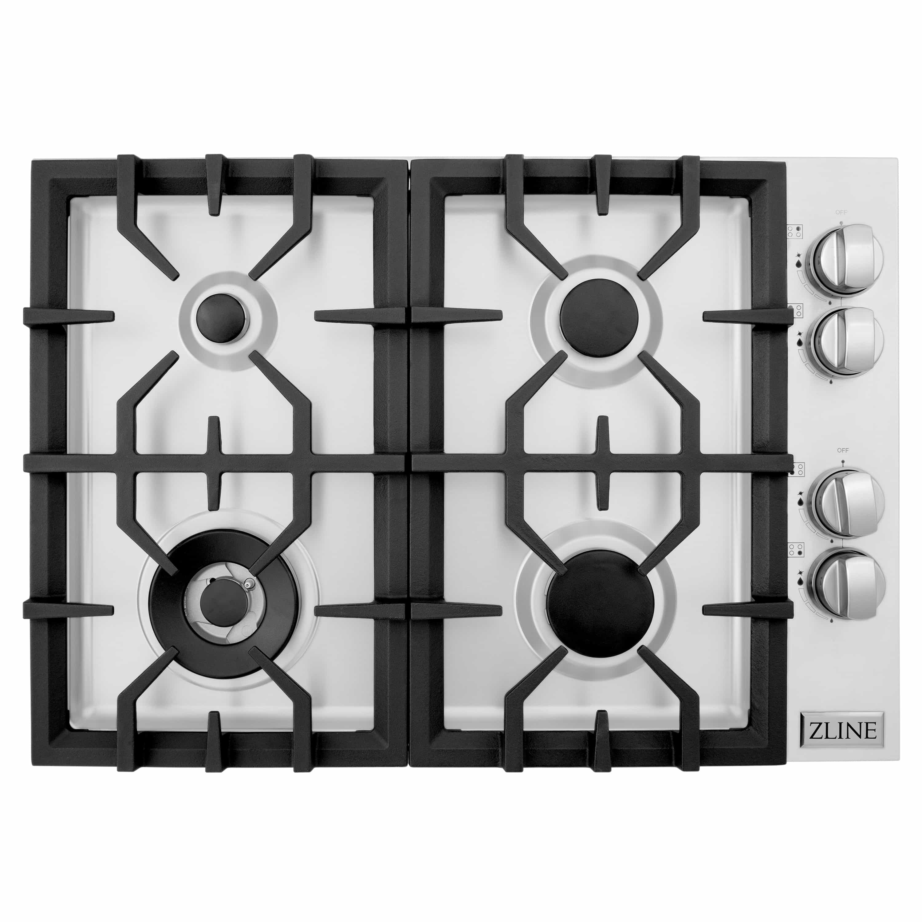 ZLINE gas cooktop with four burner grates and four stainless control knobs