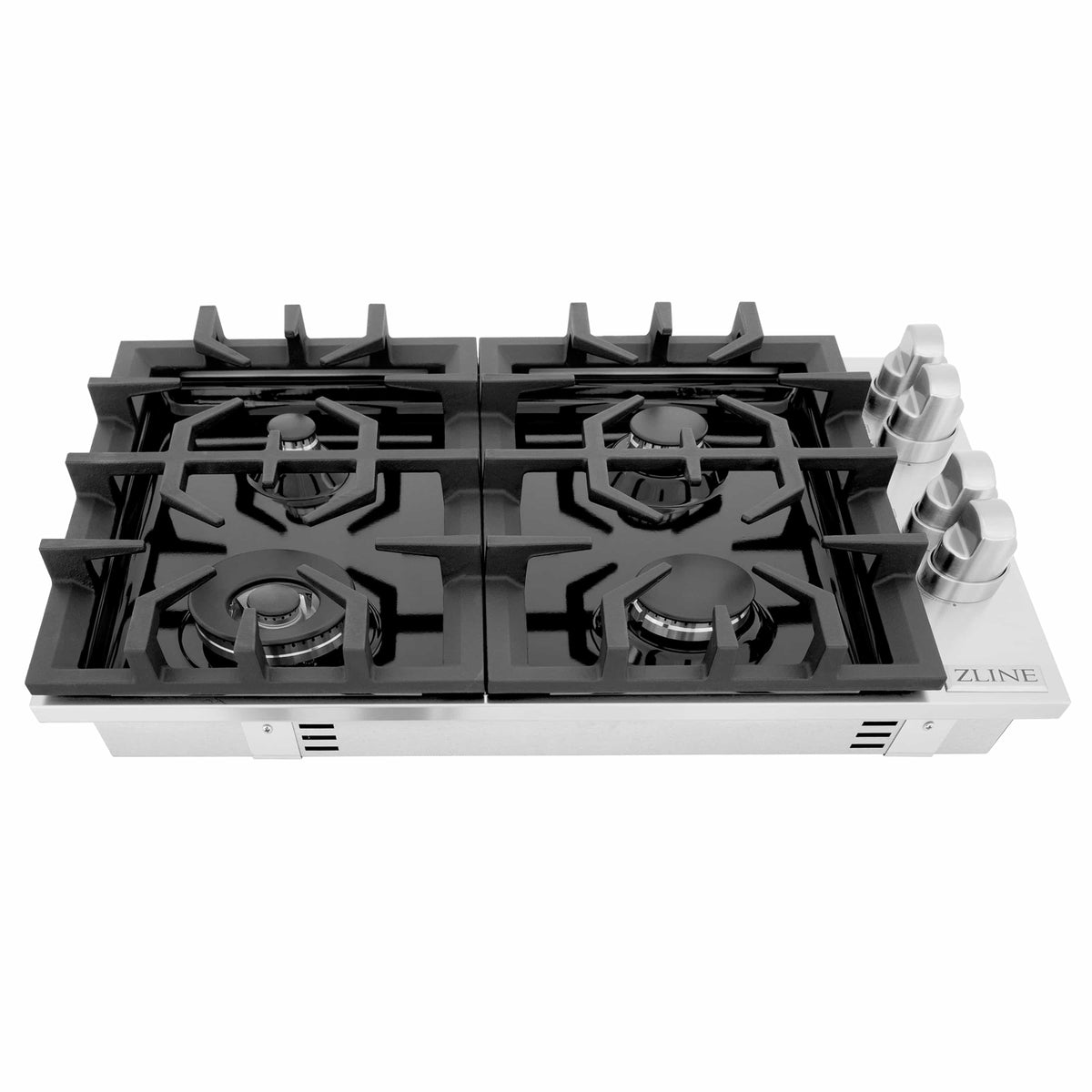 Front view of a black porcelain gas cooktop with four burners and black grates