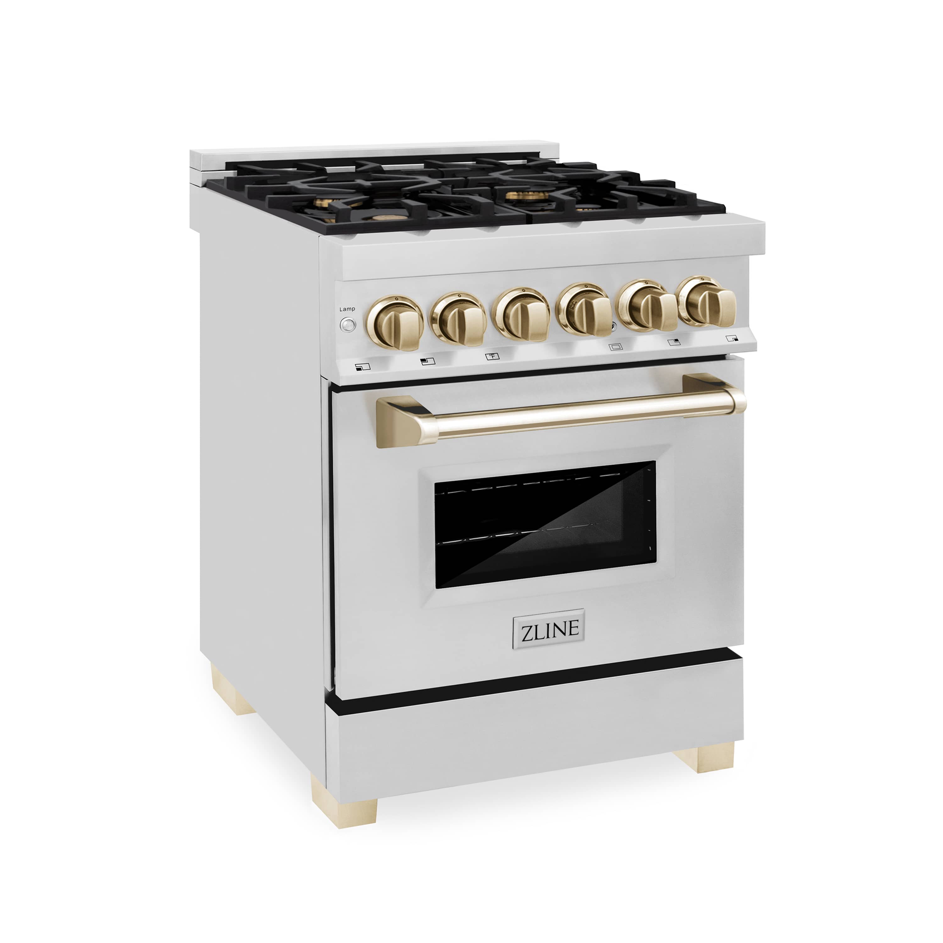 White dual fuel range with gold knobs, gold handle, and black glass oven door.