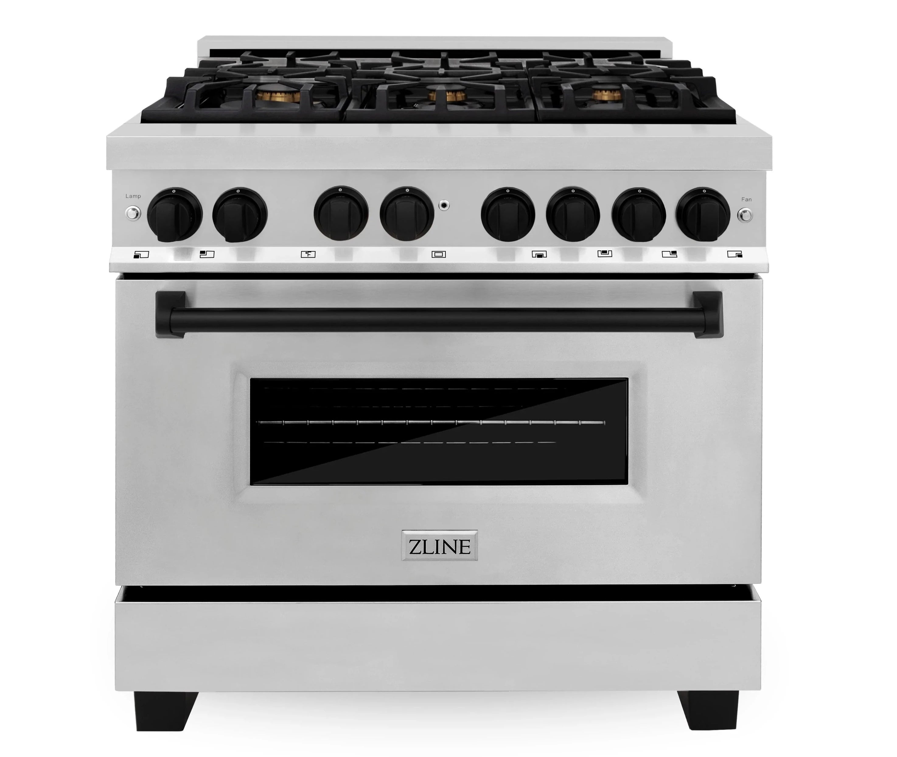 Stainless steel dual fuel range with black burner grates and ZLINE logo, front view