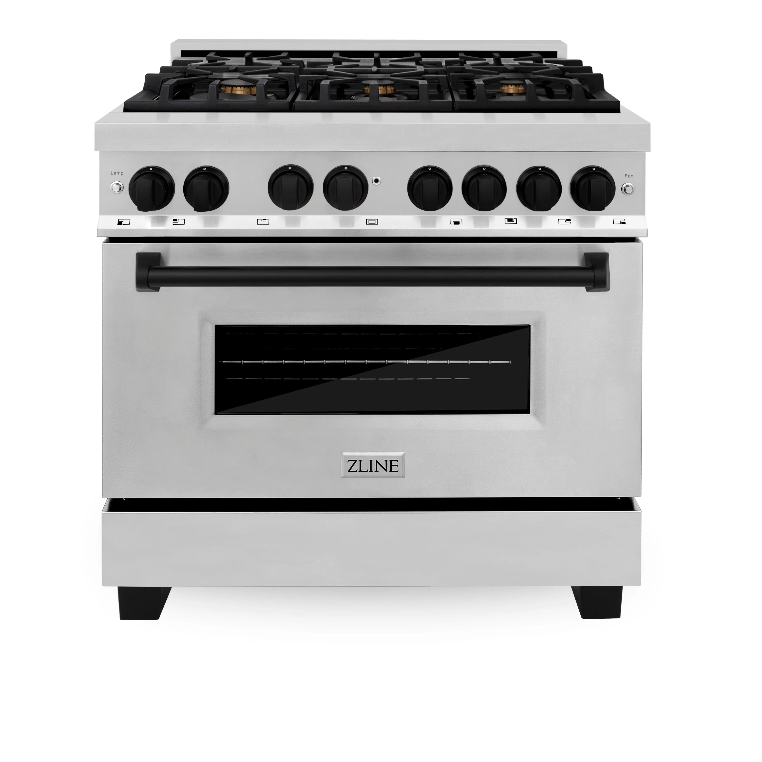 White stainless gas range with cooktop burners and black oven window