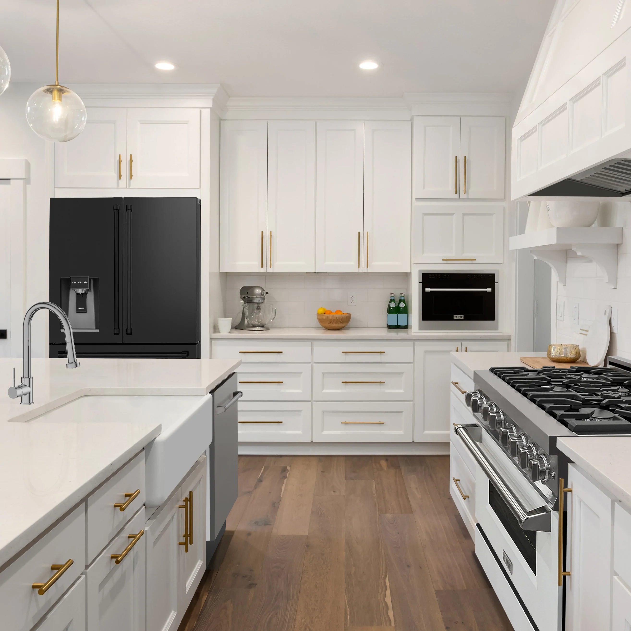Side view of black stainless French door refrigerator with water/ice dispenser